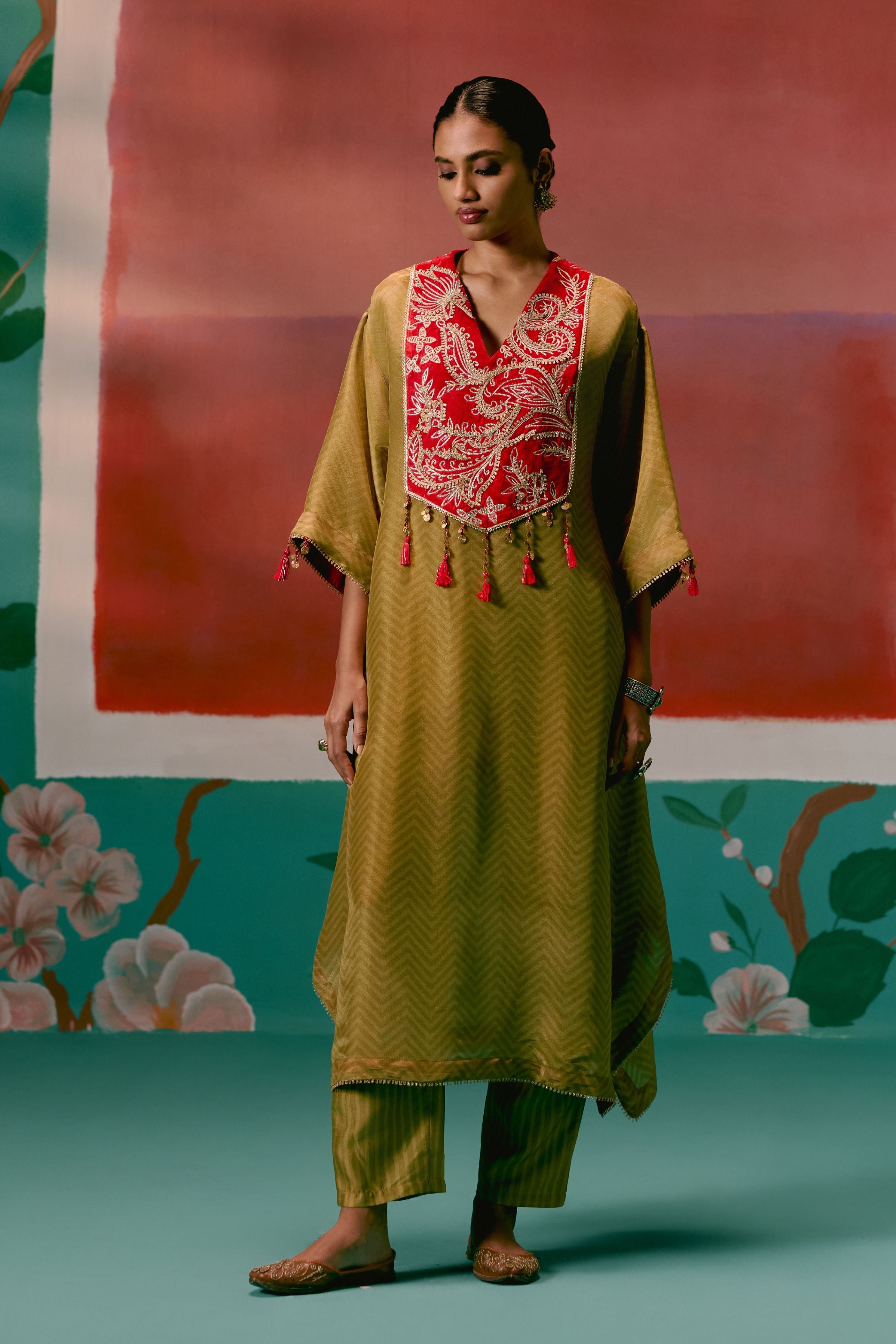 Mustard Tissue Kaftan Set