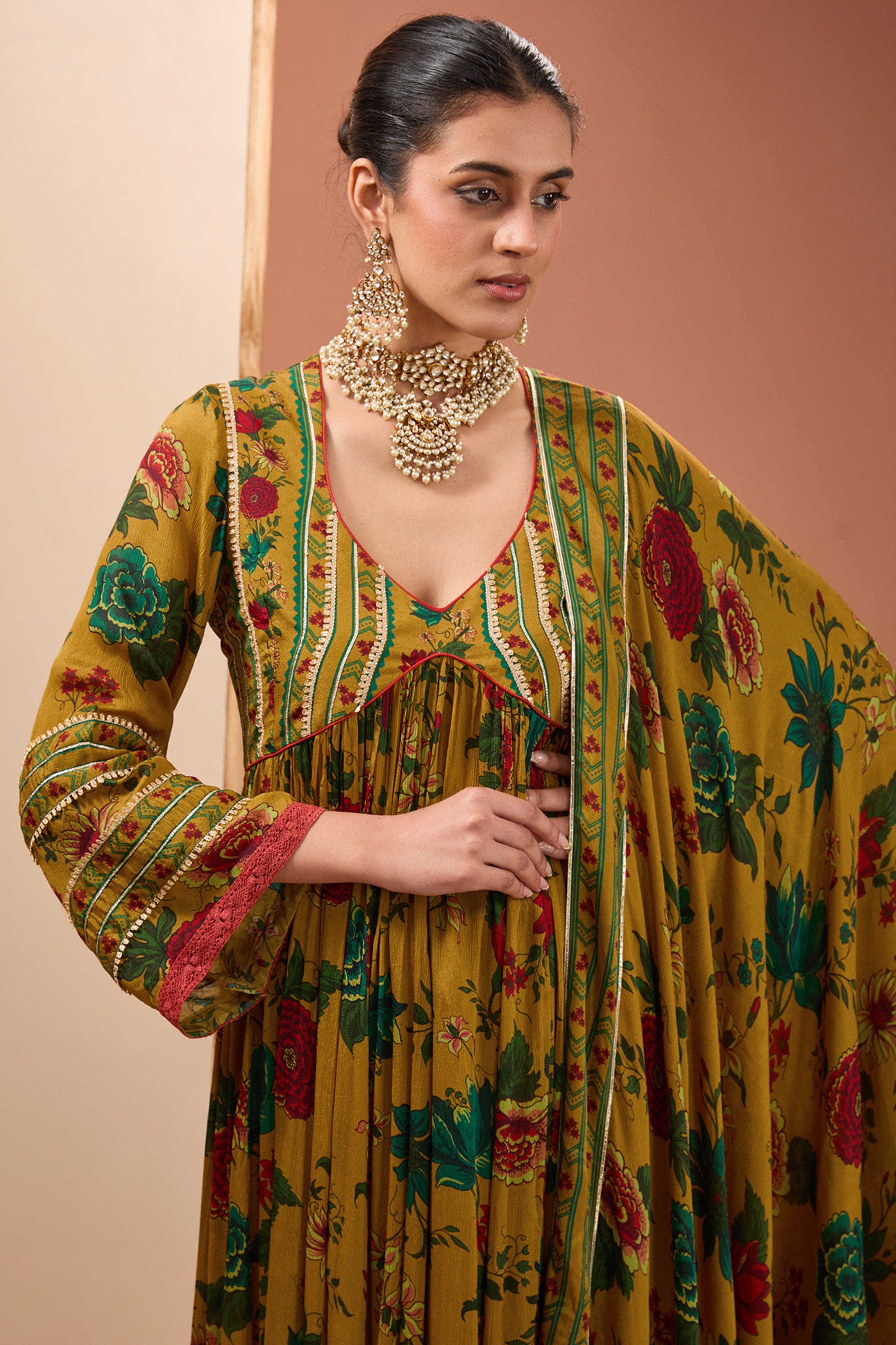 Mustard Printed Anarkali Set