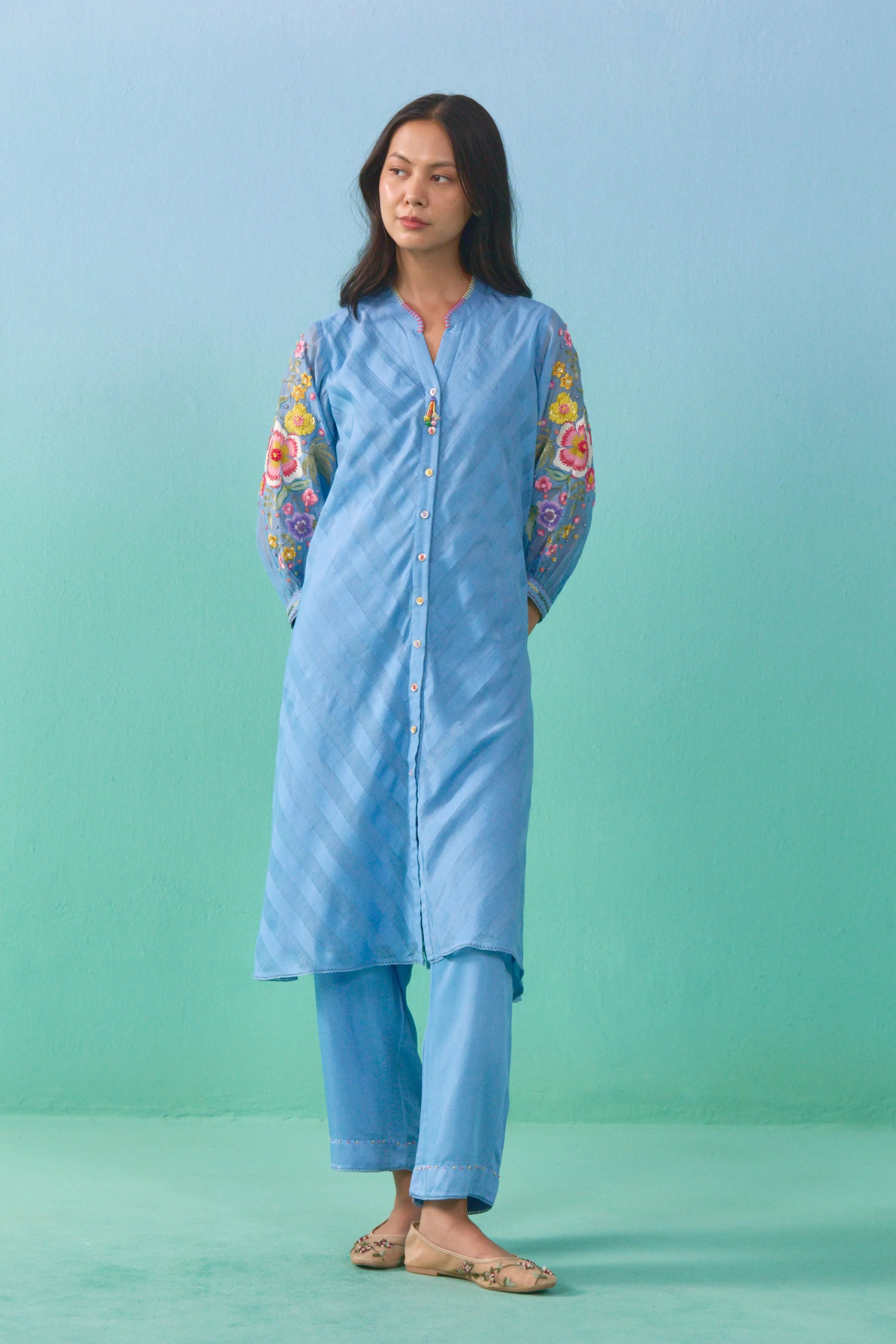 Blue Aasma Button Down Kurta Set