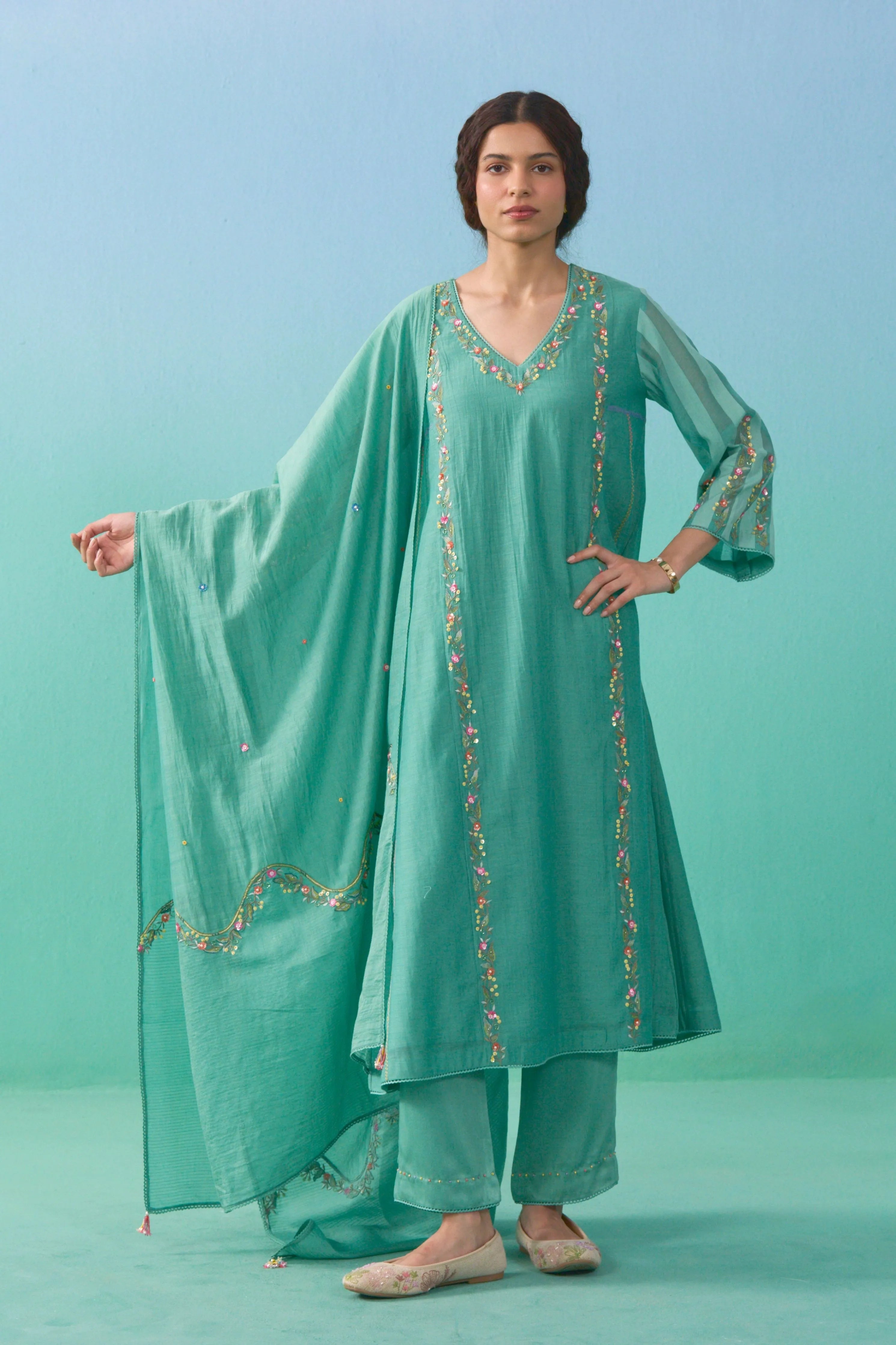 Firdaus Matcha Green Mul Chanderi Dupatta