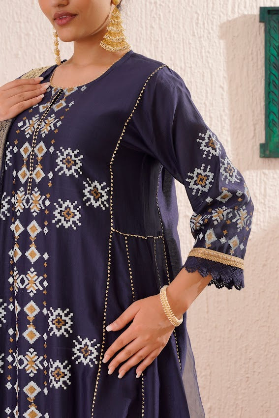 Navy Blue Block Printed Kurta Set
