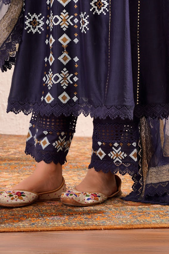 Navy Blue Block Printed Kurta Set