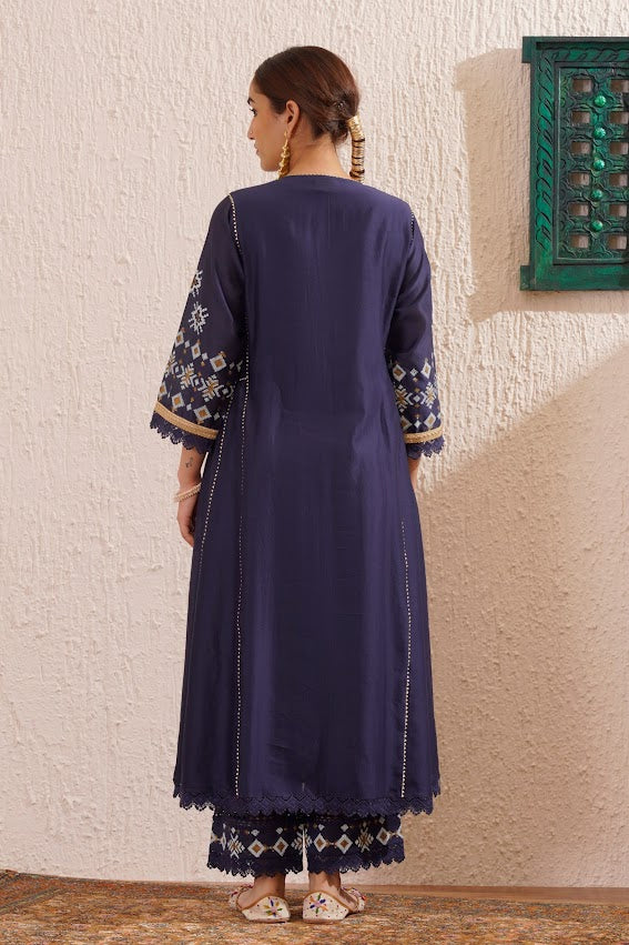 Navy Blue Block Printed Kurta Set