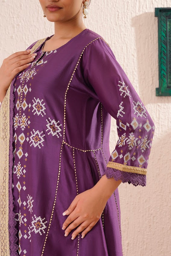 Purple Block Printed Kurta Set