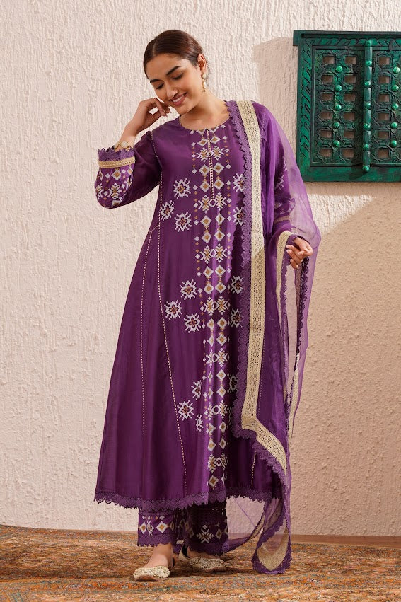 Purple Block Printed Kurta Set