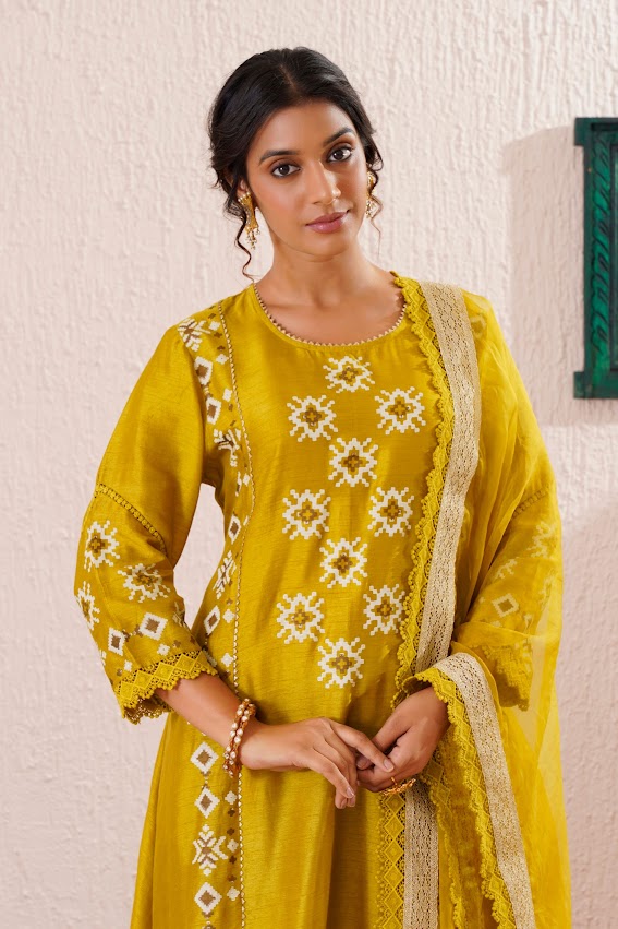 Green Block Printed Panelled Kurta Set
