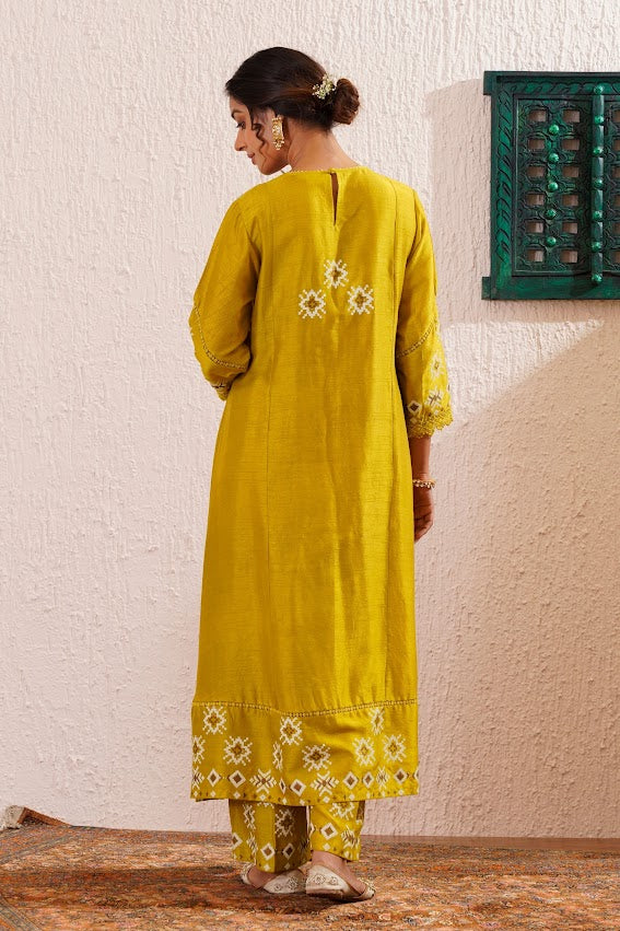 Green Block Printed Panelled Kurta Set
