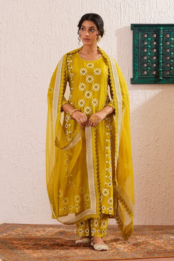 Green Block Printed Panelled Kurta Set