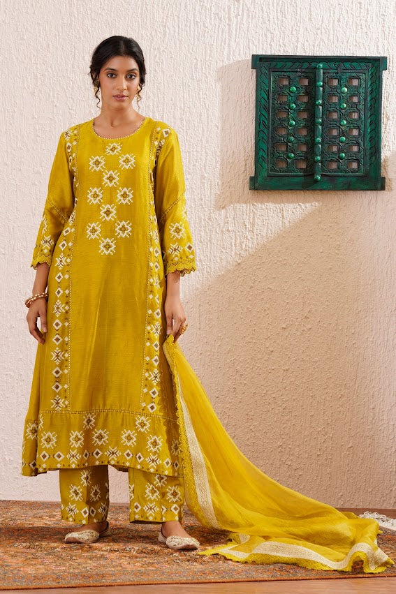 Green Block Printed Panelled Kurta Set
