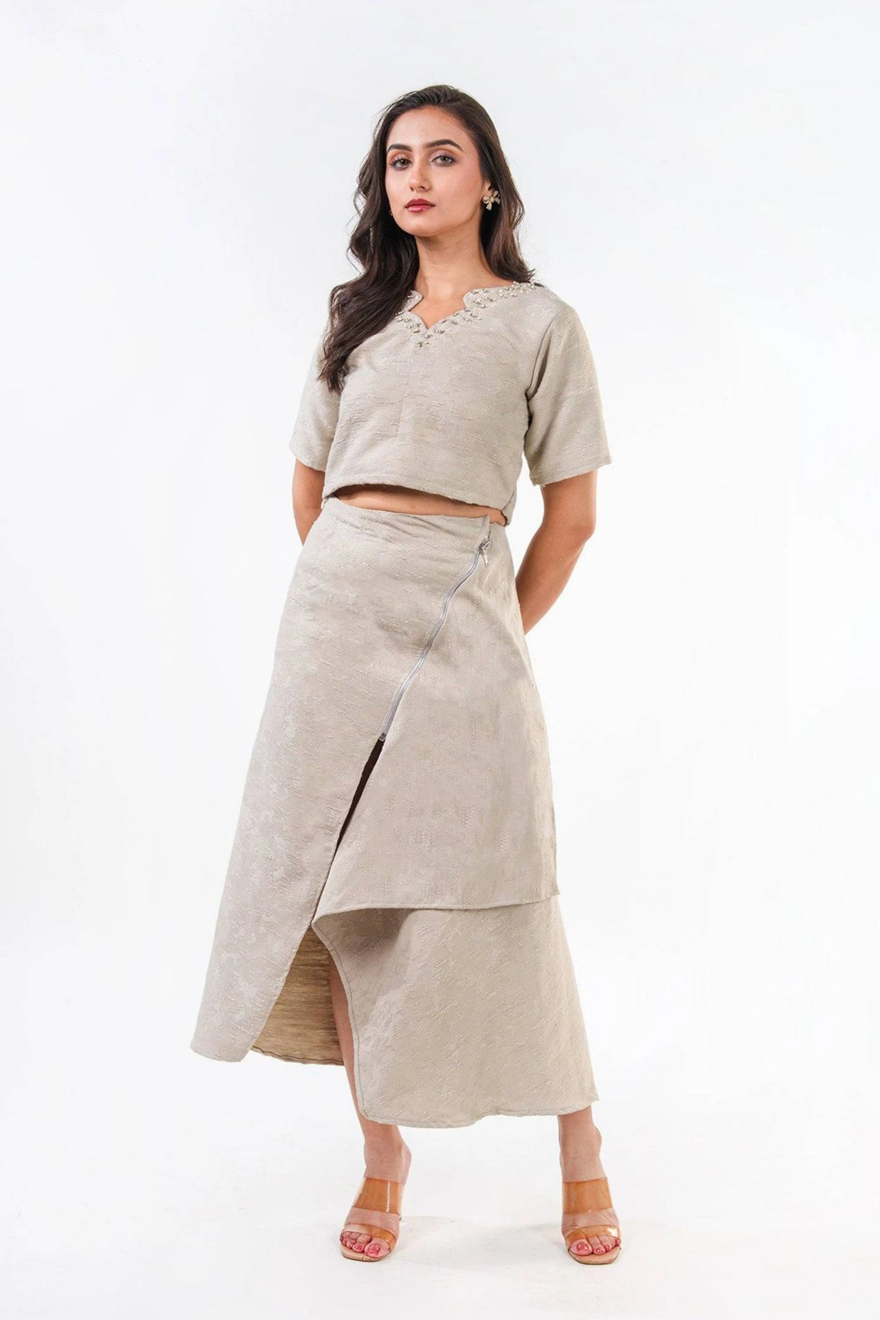 Beaded Beige Jacquard Set