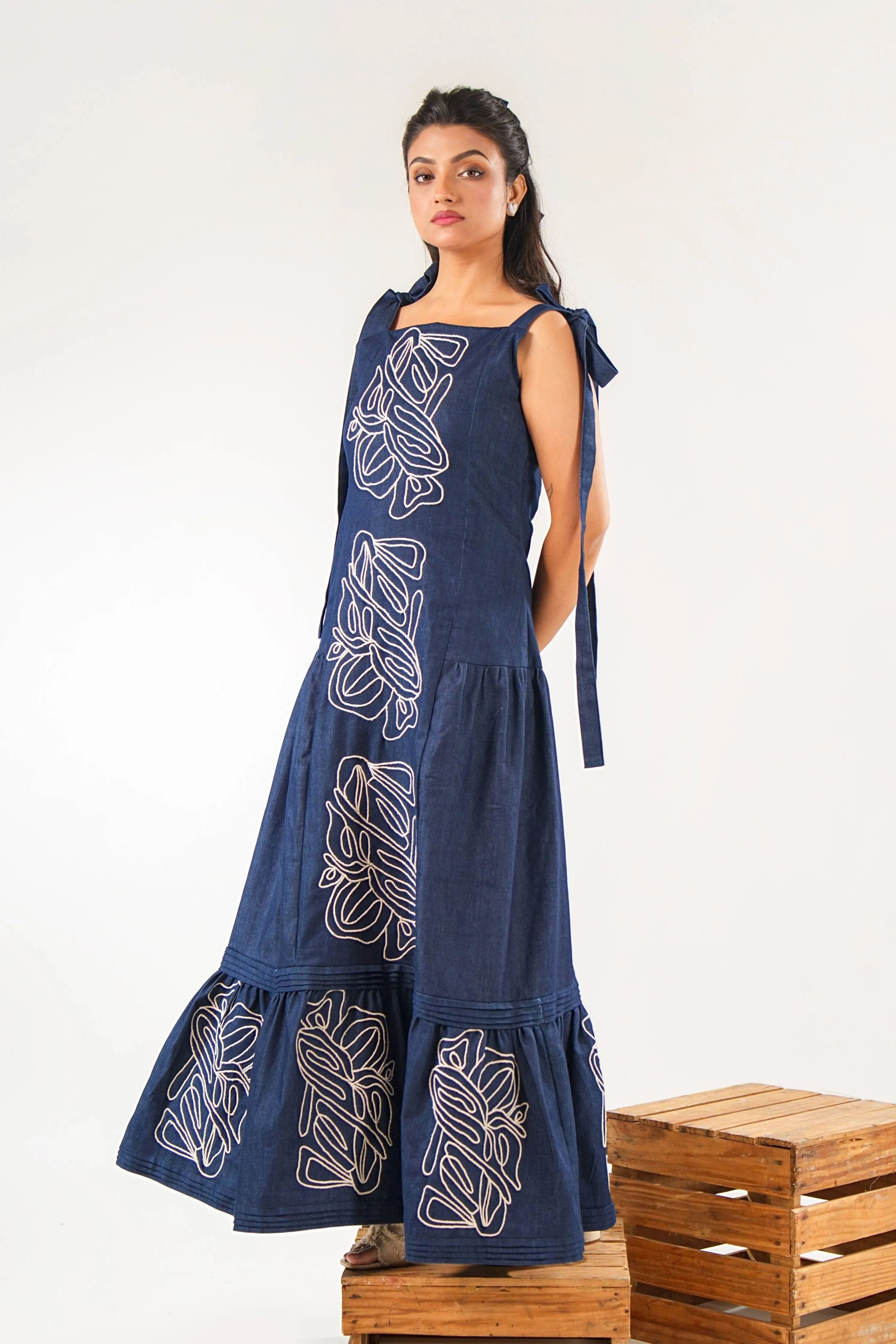 Cord Embroidered Denim Maxi