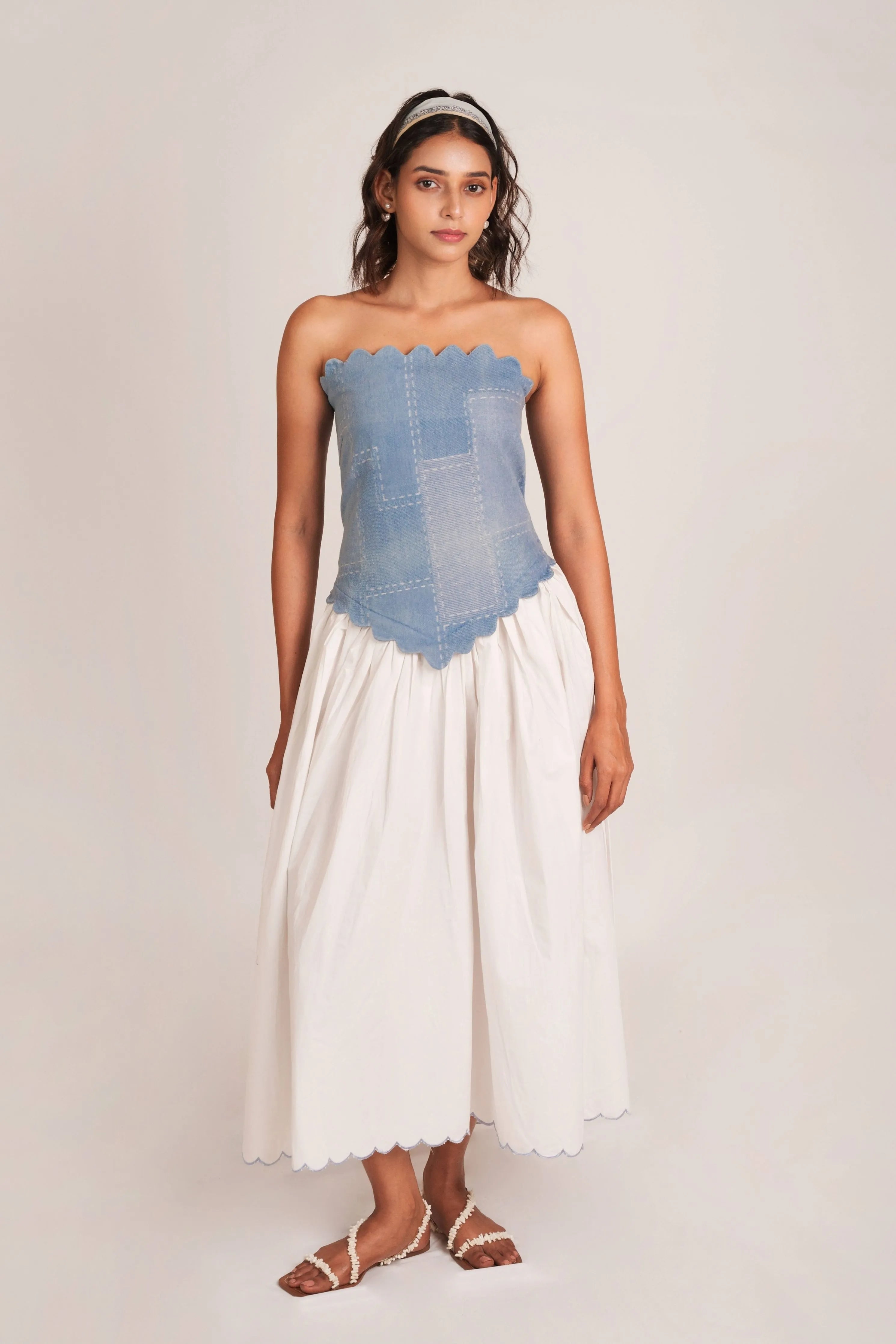 Denim Scallop Midi Dress
