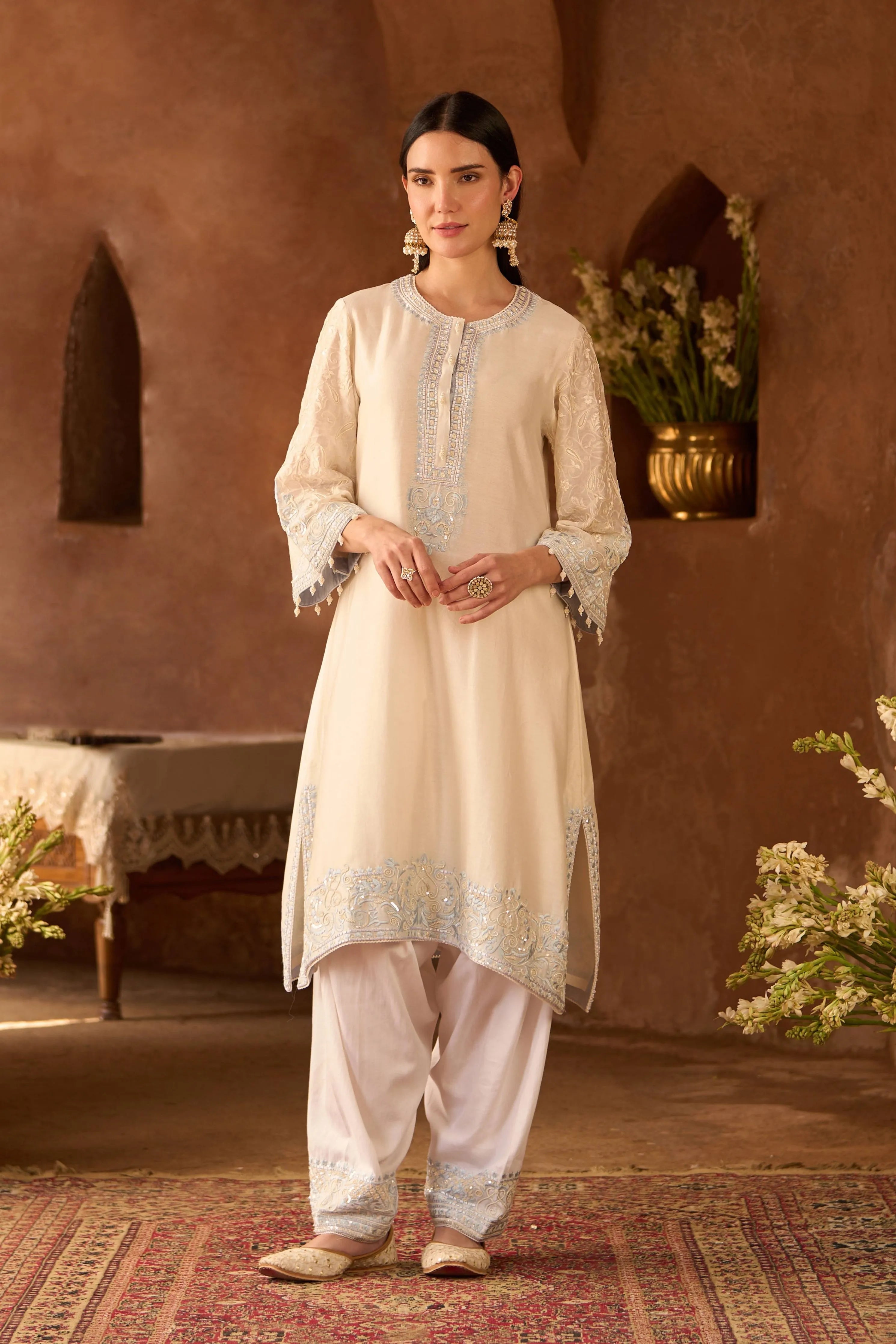 Anam  Daisy Ivory & Blue A Line Kurta Set