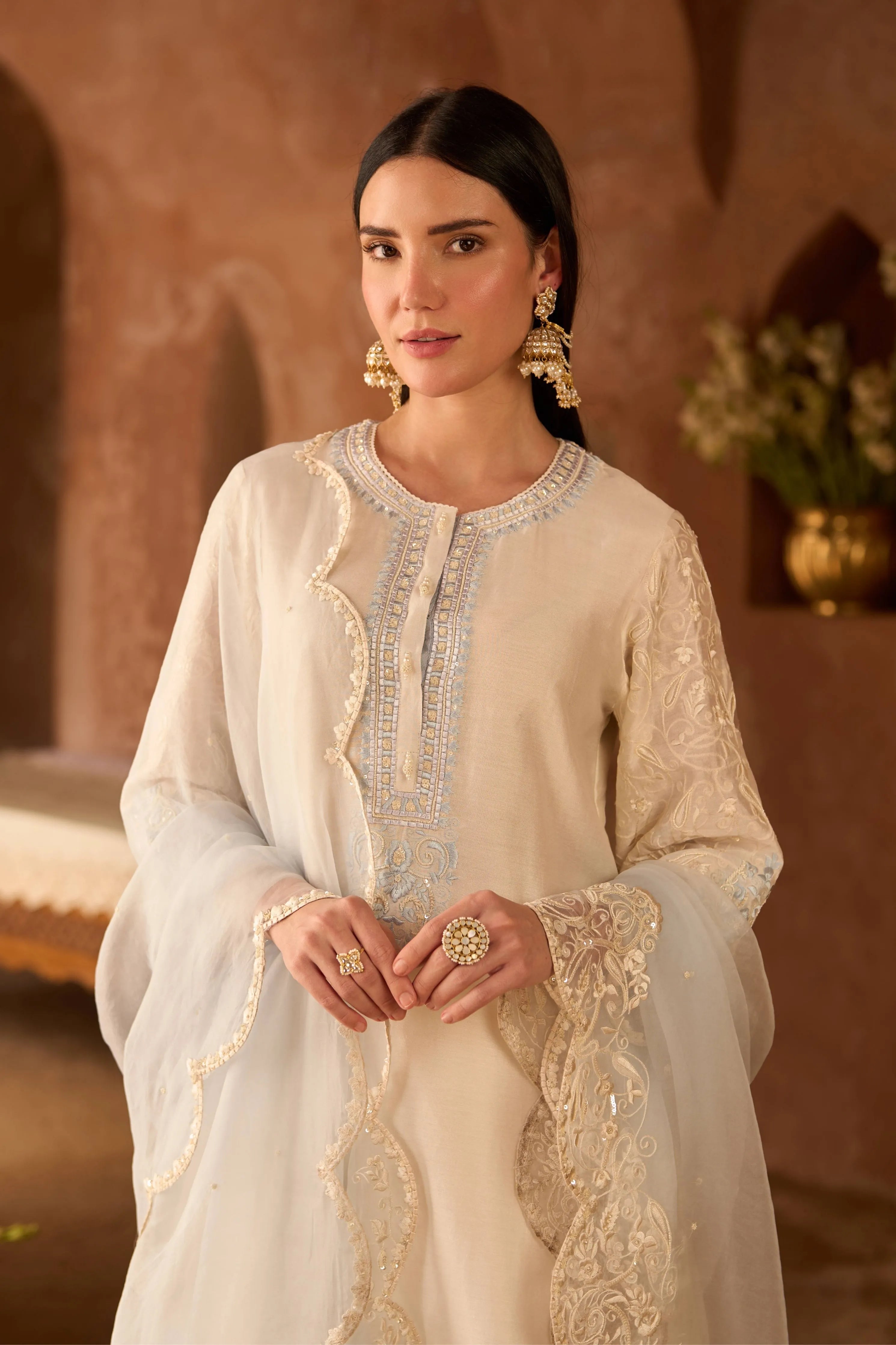 Anam  Daisy Ivory & Blue A Line Kurta Set