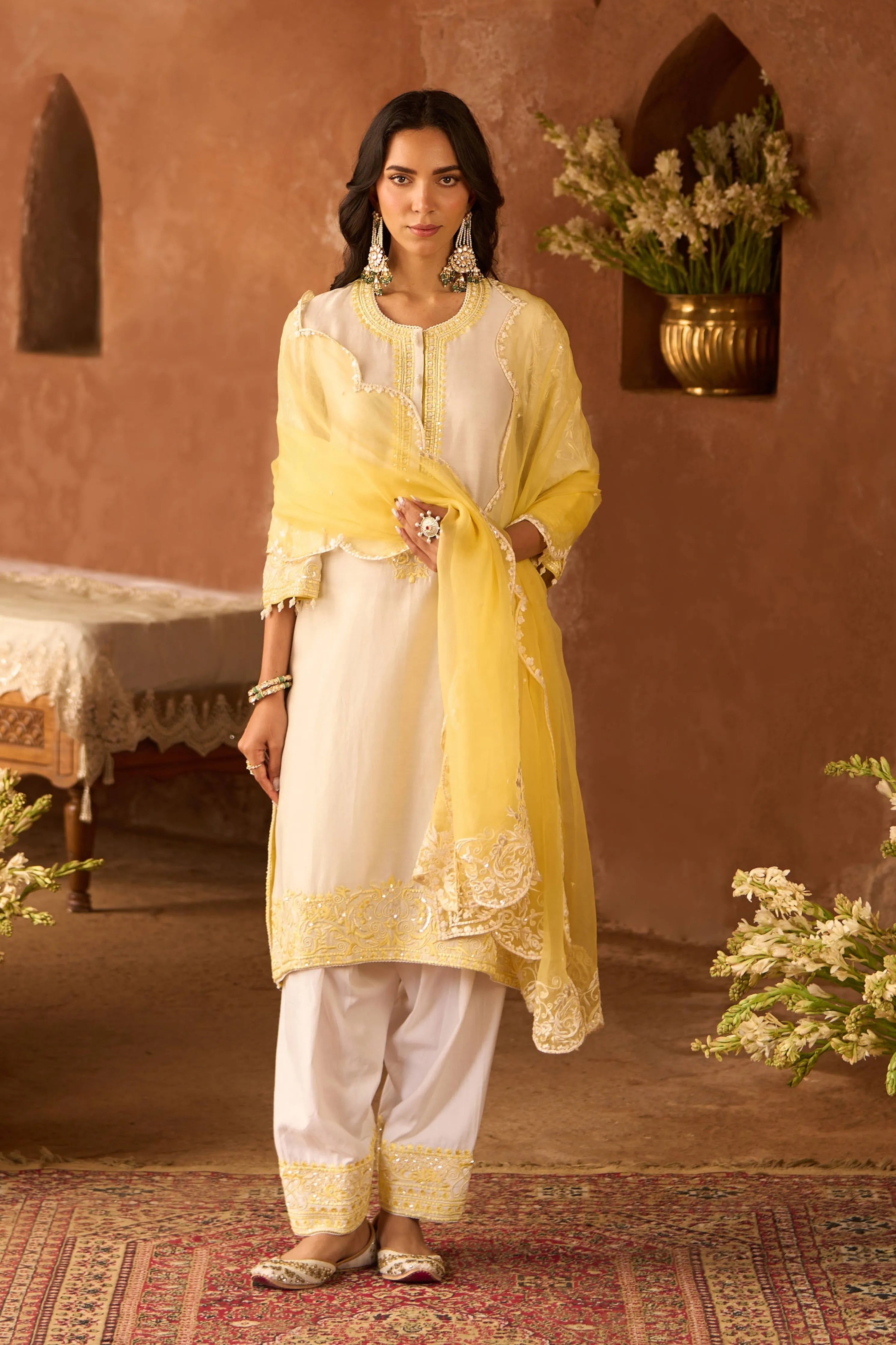 Anam Daisy Ivory & Lemon Yellow ALine Kurta Set