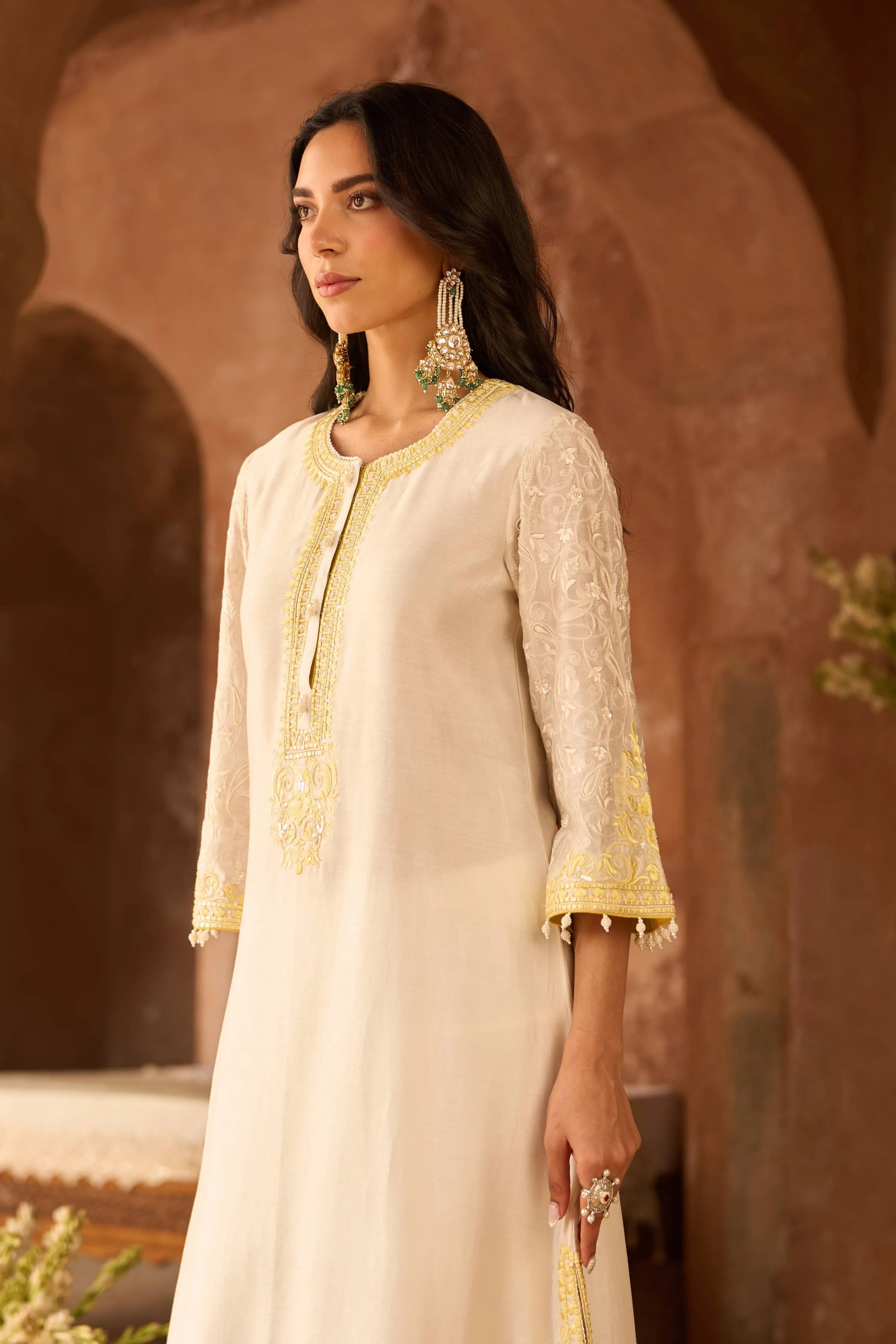 Anam Daisy Ivory & Lemon Yellow ALine Kurta Set