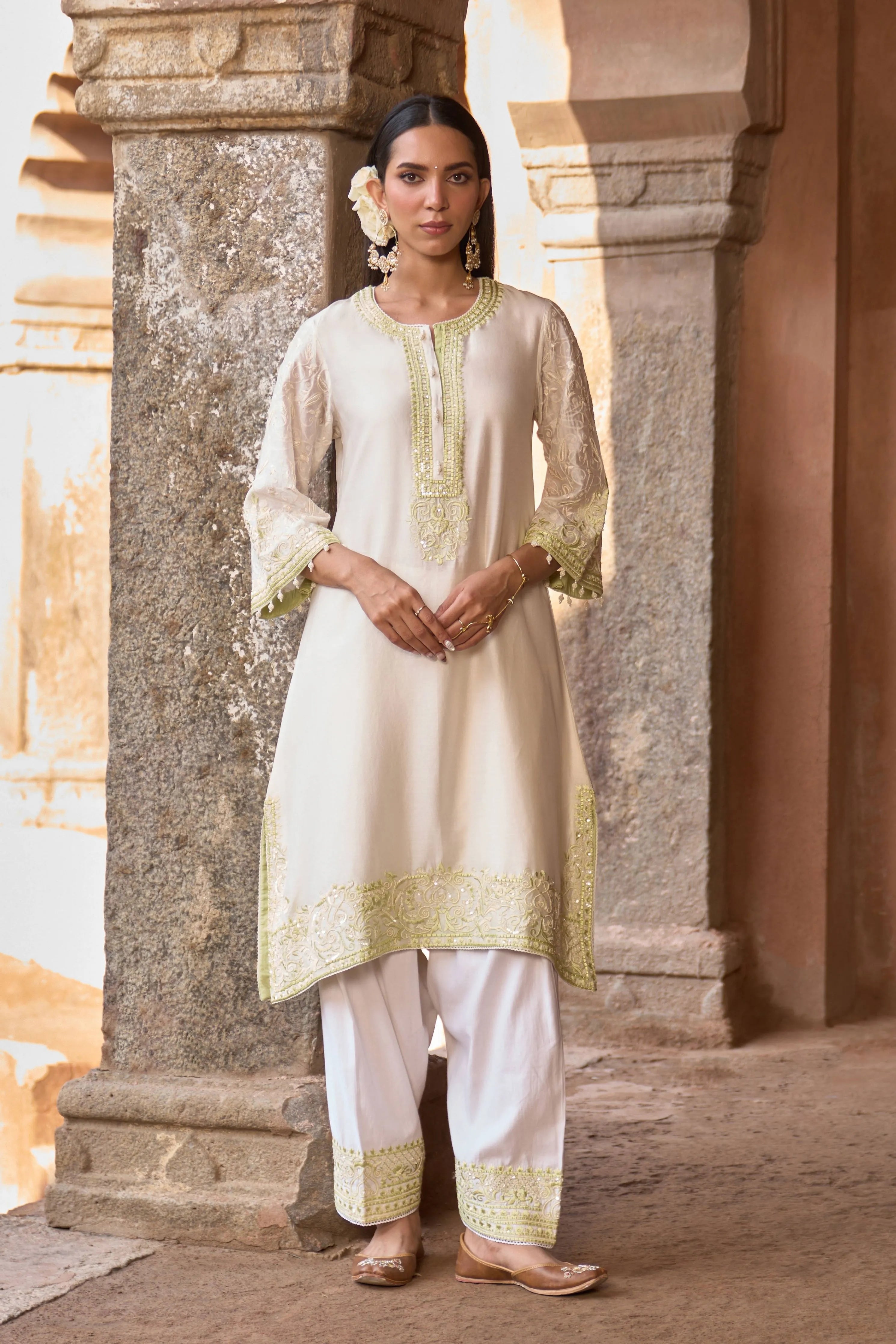 Anam Daisy Ivory & Mint Green ALine Kurta Set