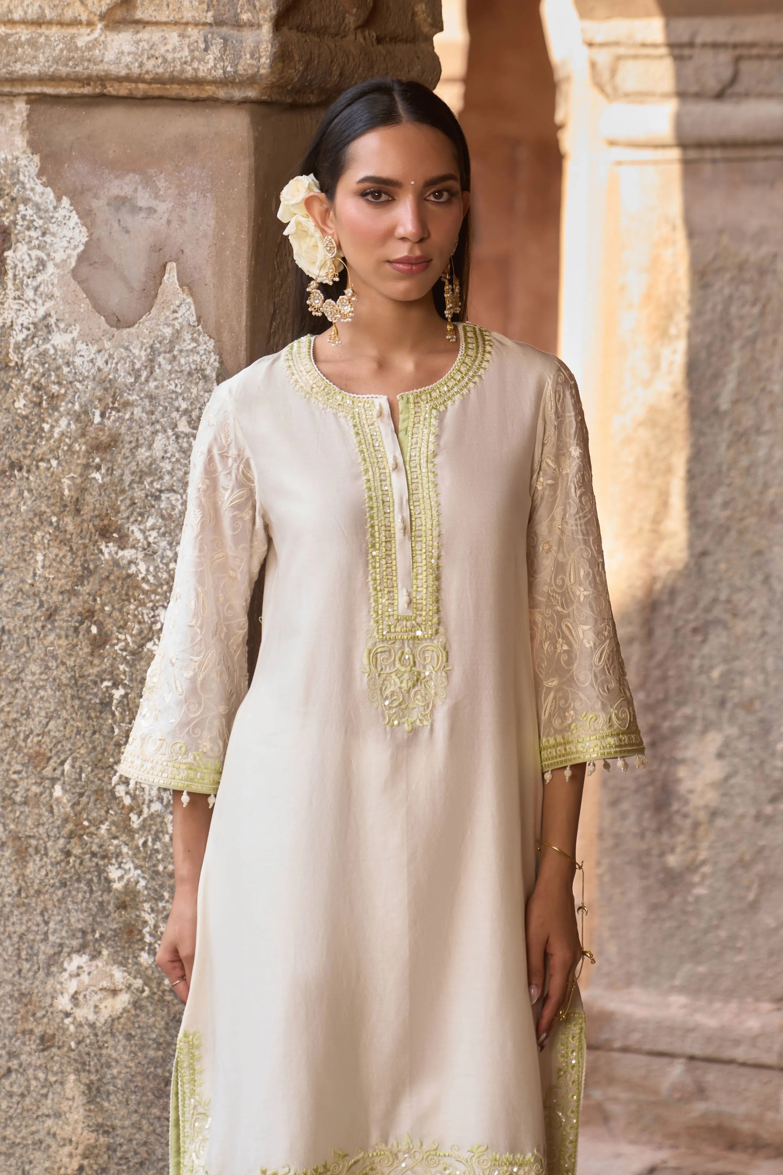 Anam Daisy Ivory & Mint Green ALine Kurta Set