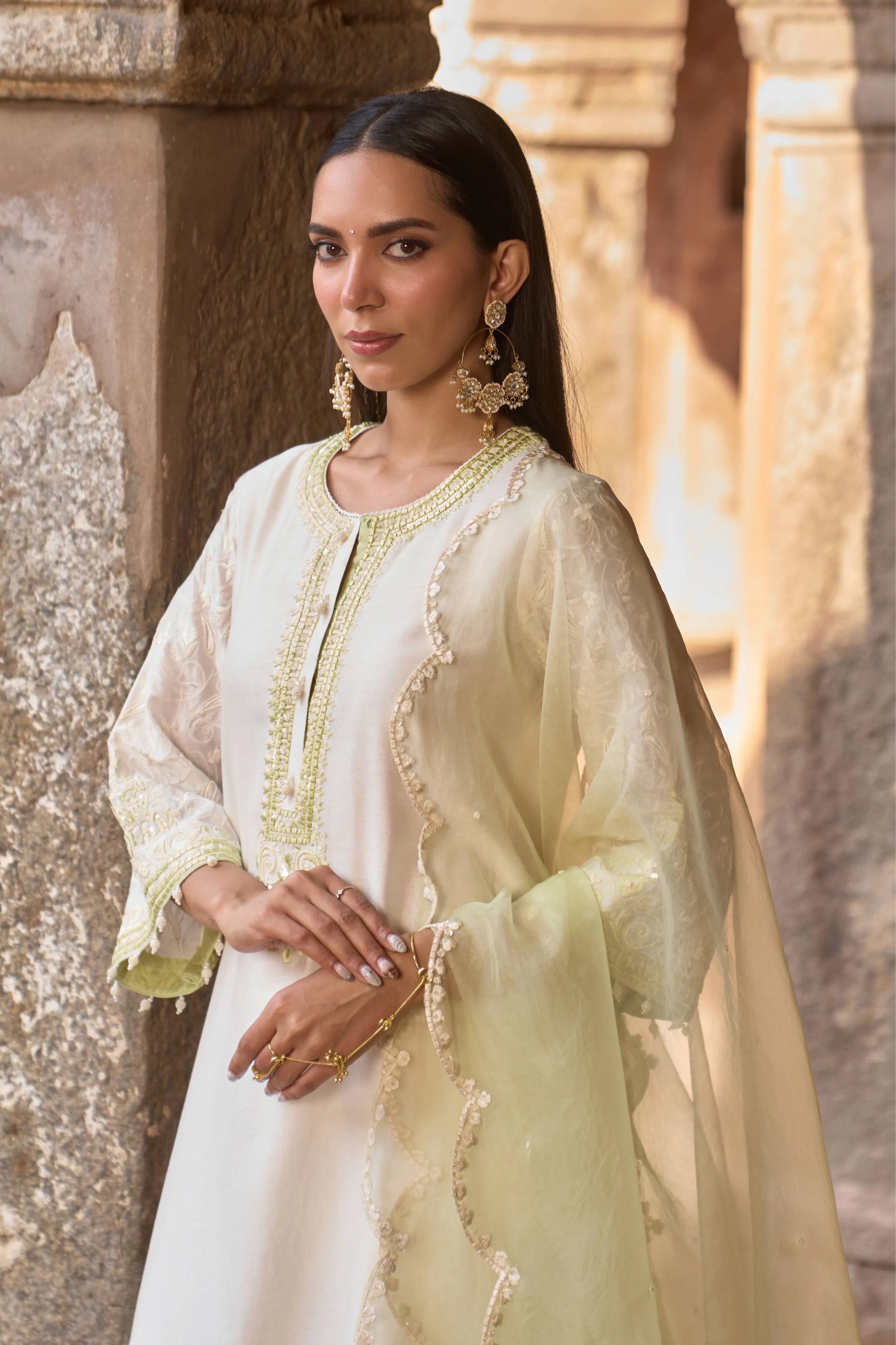 Anam Daisy Ivory & Mint Green ALine Kurta Set