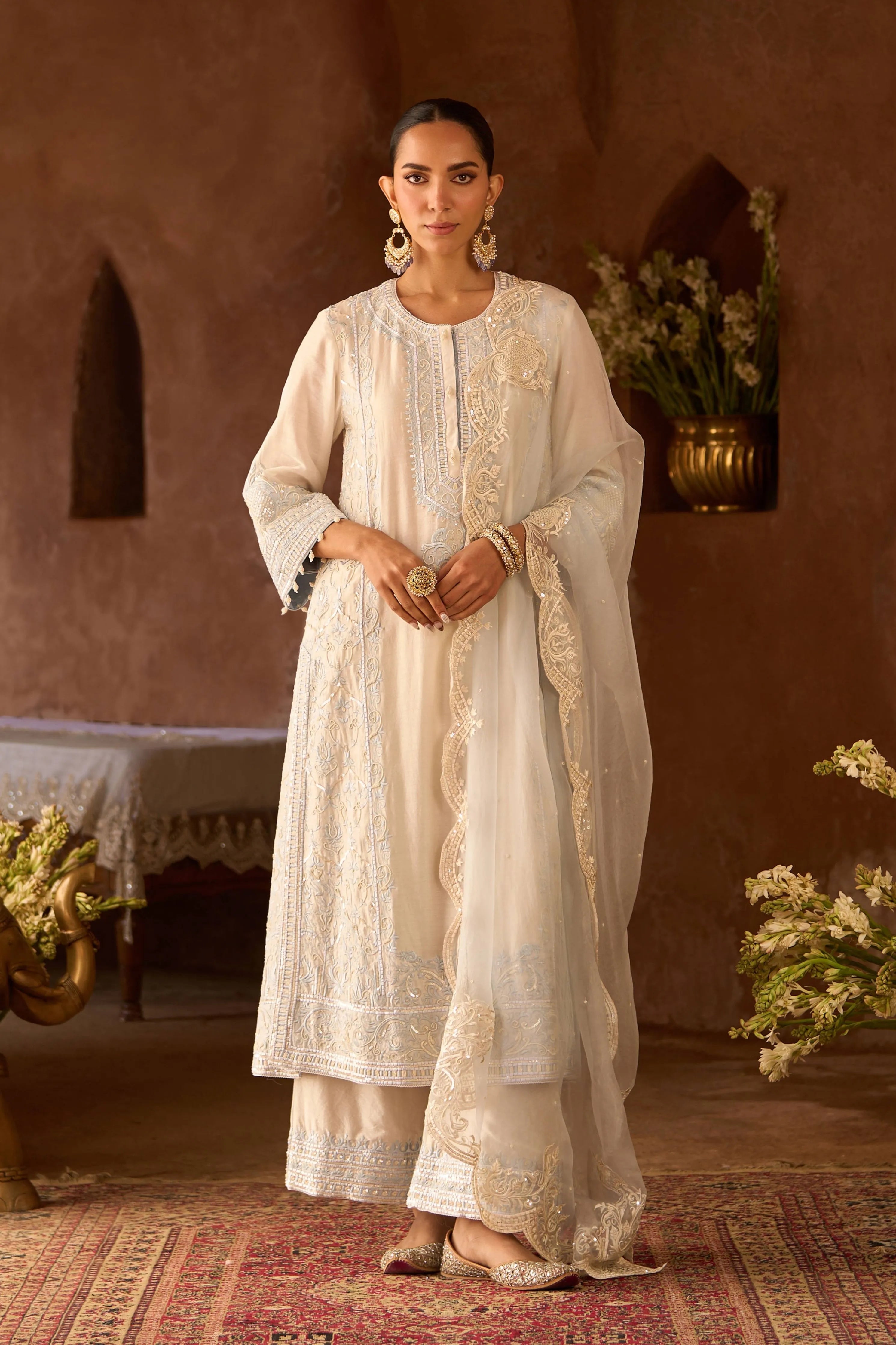 Ena  Daisy Ivory & Blue Long ALine Kurta & Palazzo And Dupatta