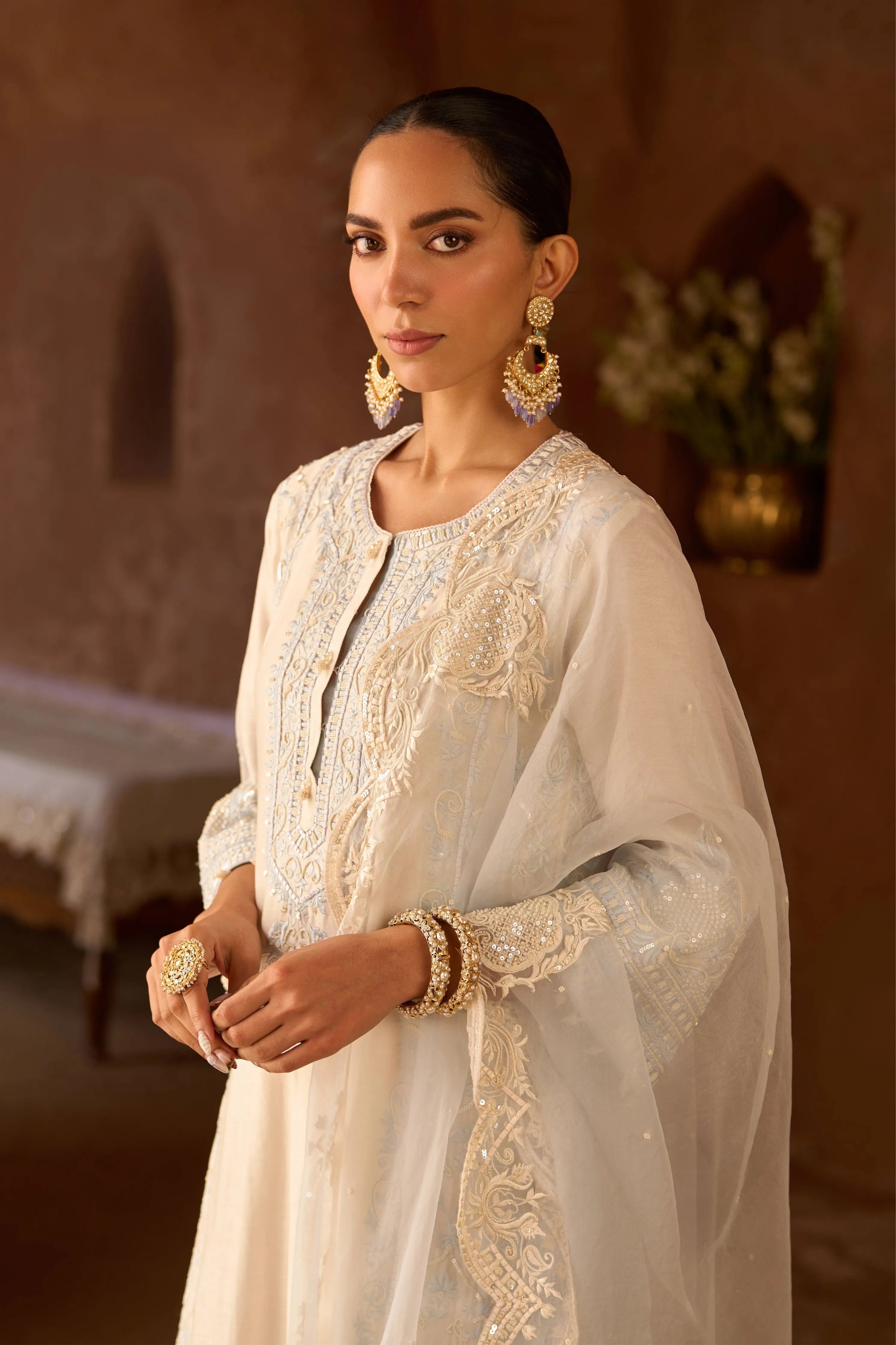 Ena  Daisy Ivory & Blue Long ALine Kurta & Palazzo And Dupatta