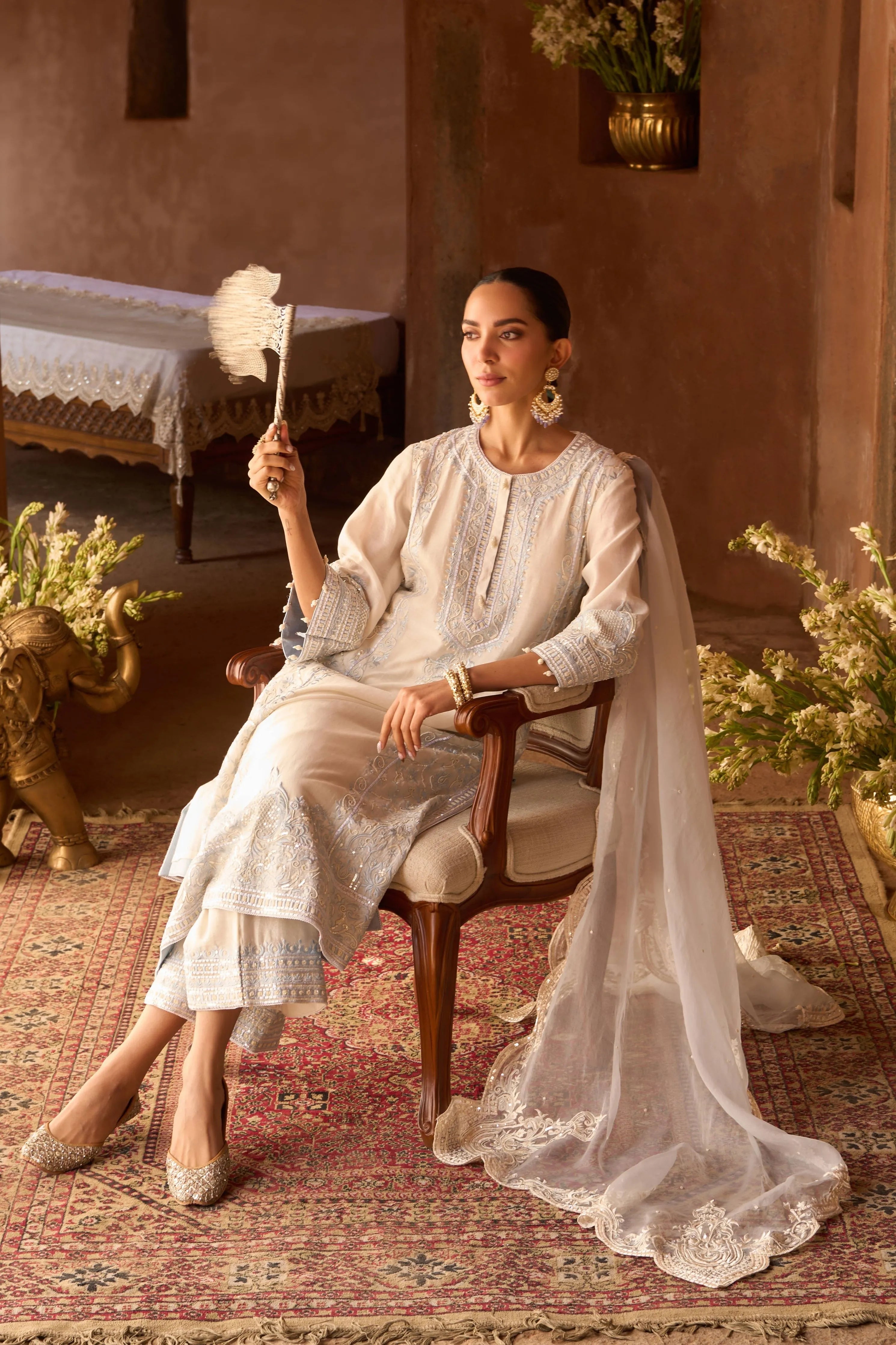 Ena  Daisy Ivory & Blue Long ALine Kurta & Palazzo And Dupatta