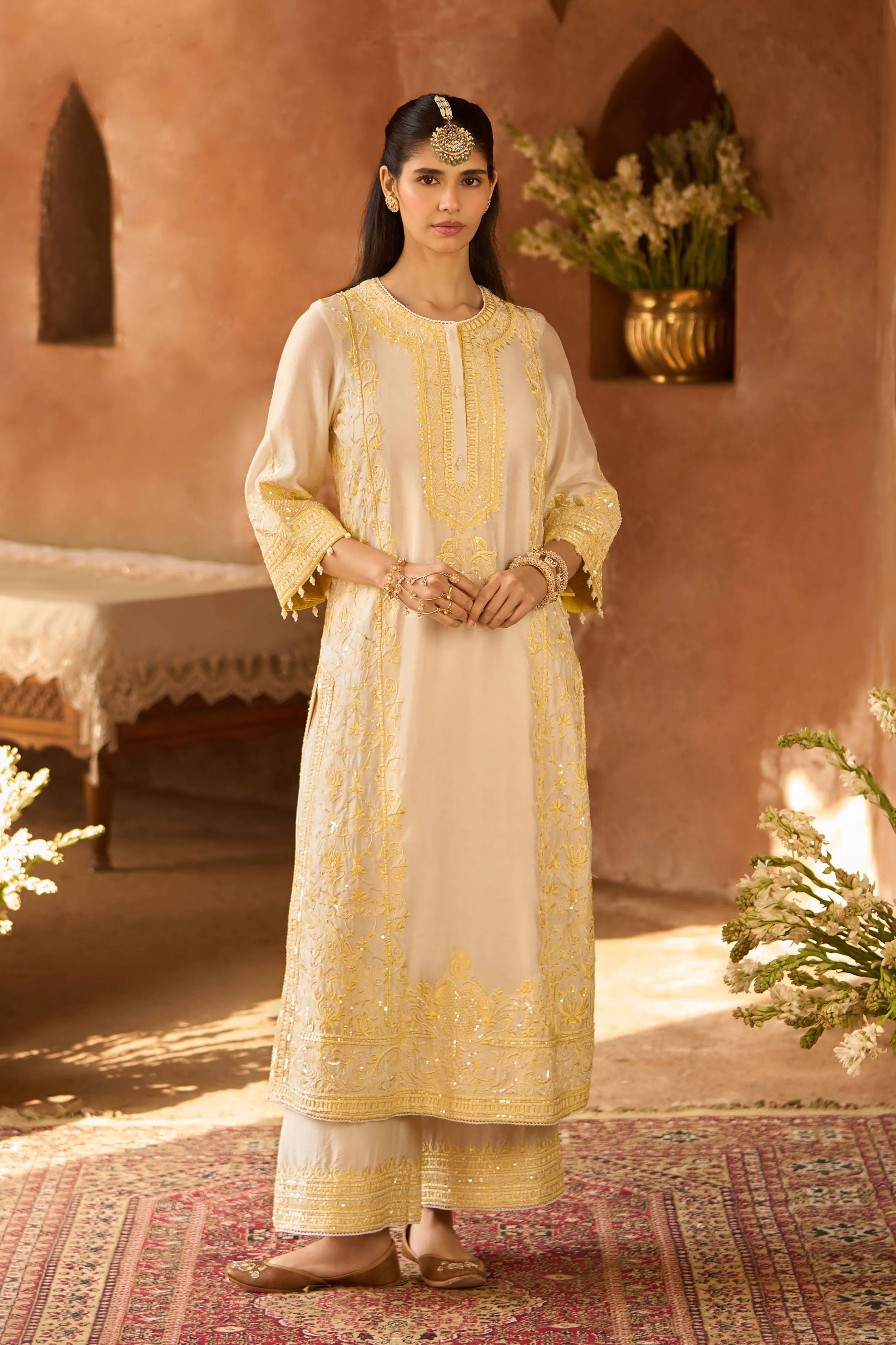 Ena Daisy Ivory & Lemon Yellow Long ALine Kurta Set