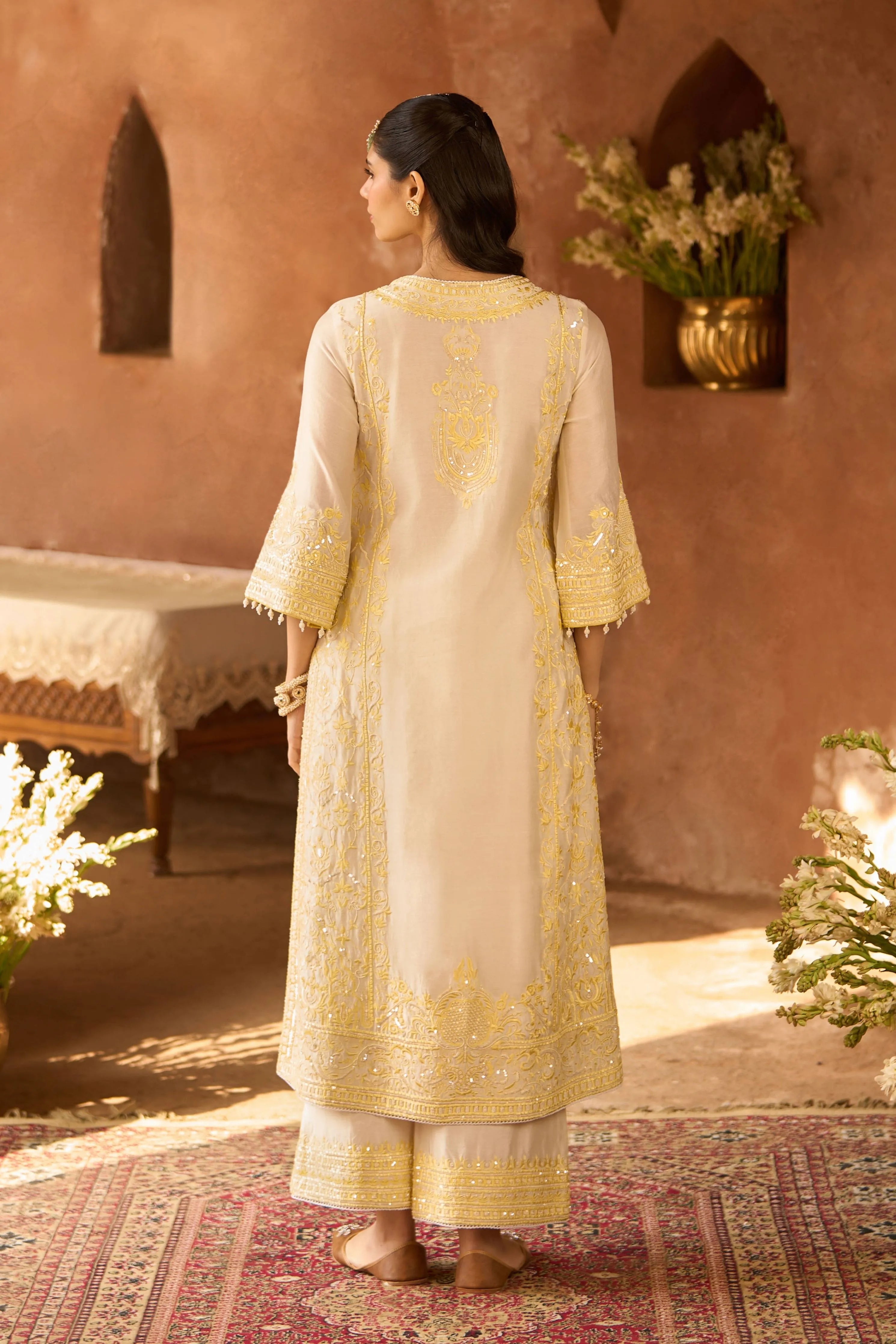 Ena Daisy Ivory & Lemon Yellow Long ALine Kurta Set