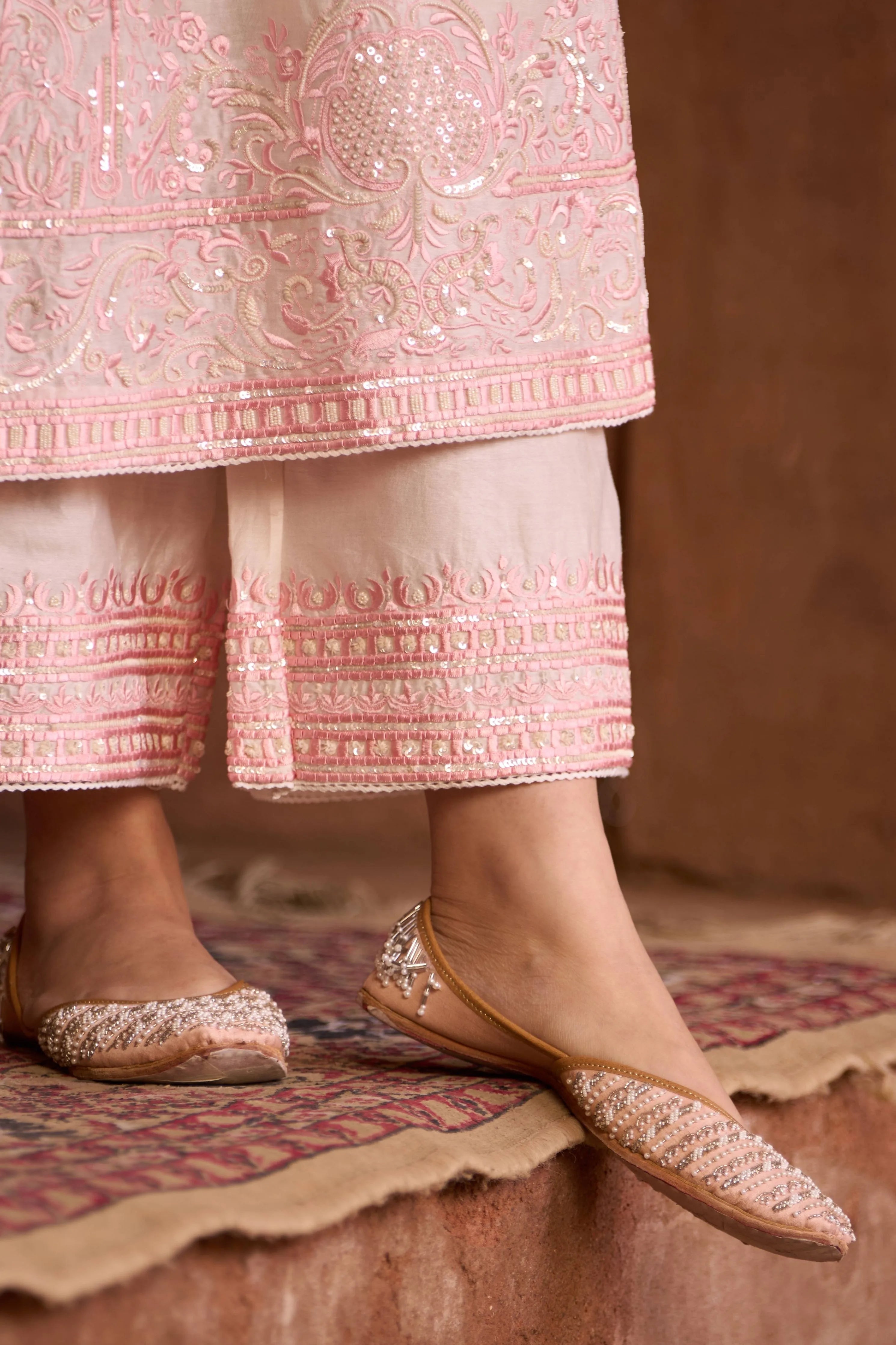 Ena Daisy Ivory & Pink Long ALine Kurta Set