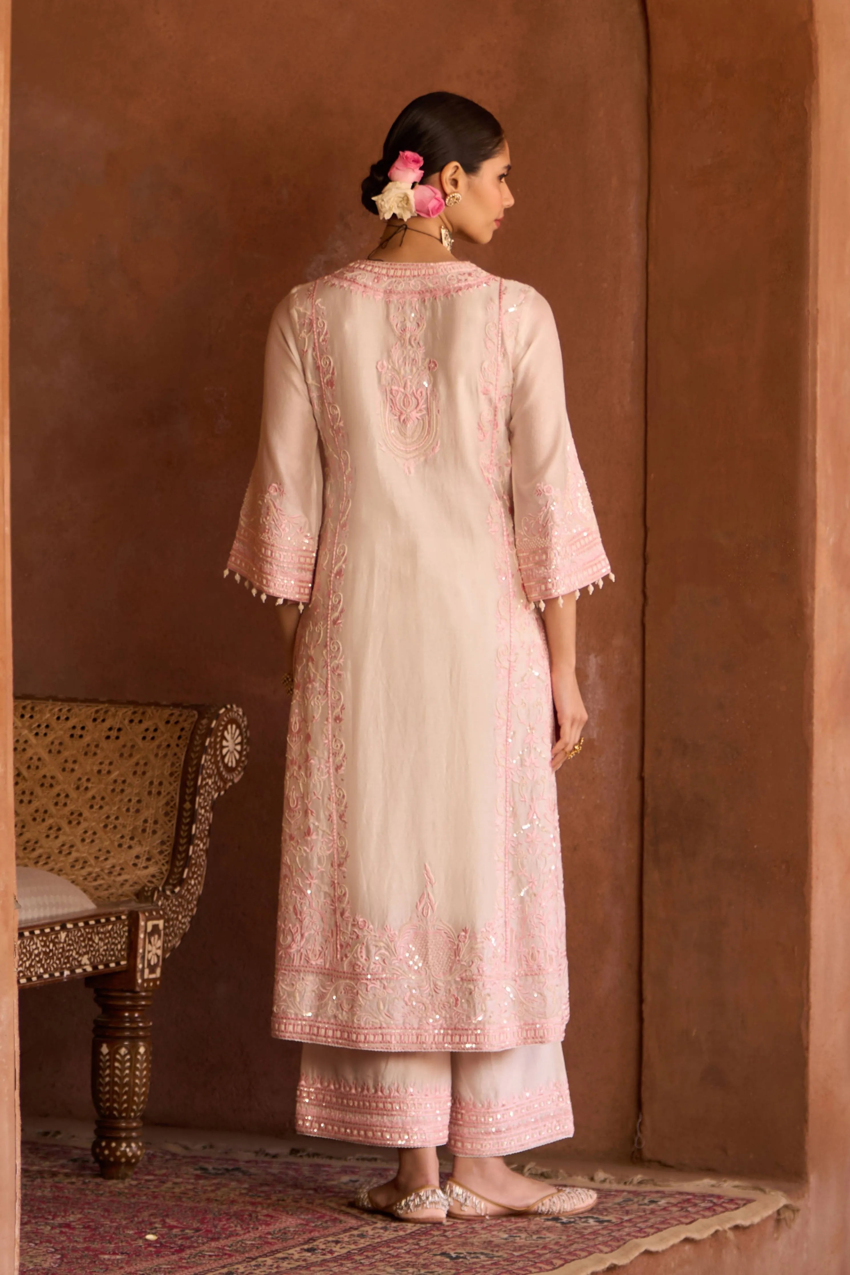 Ena Daisy Ivory & Pink Long ALine Kurta Set