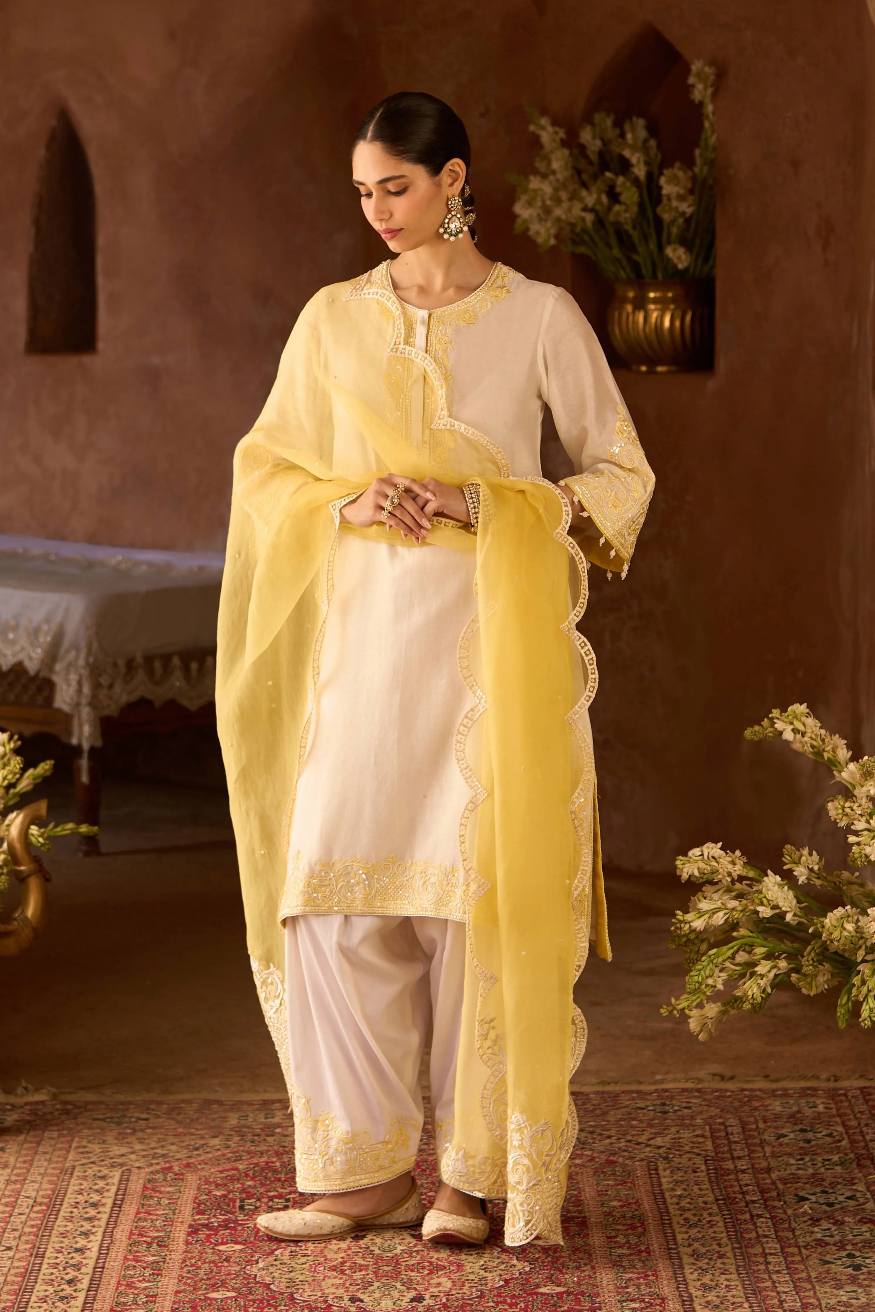 Hani Daisy Ivory & Lemon Yellow A Line Kurta Set