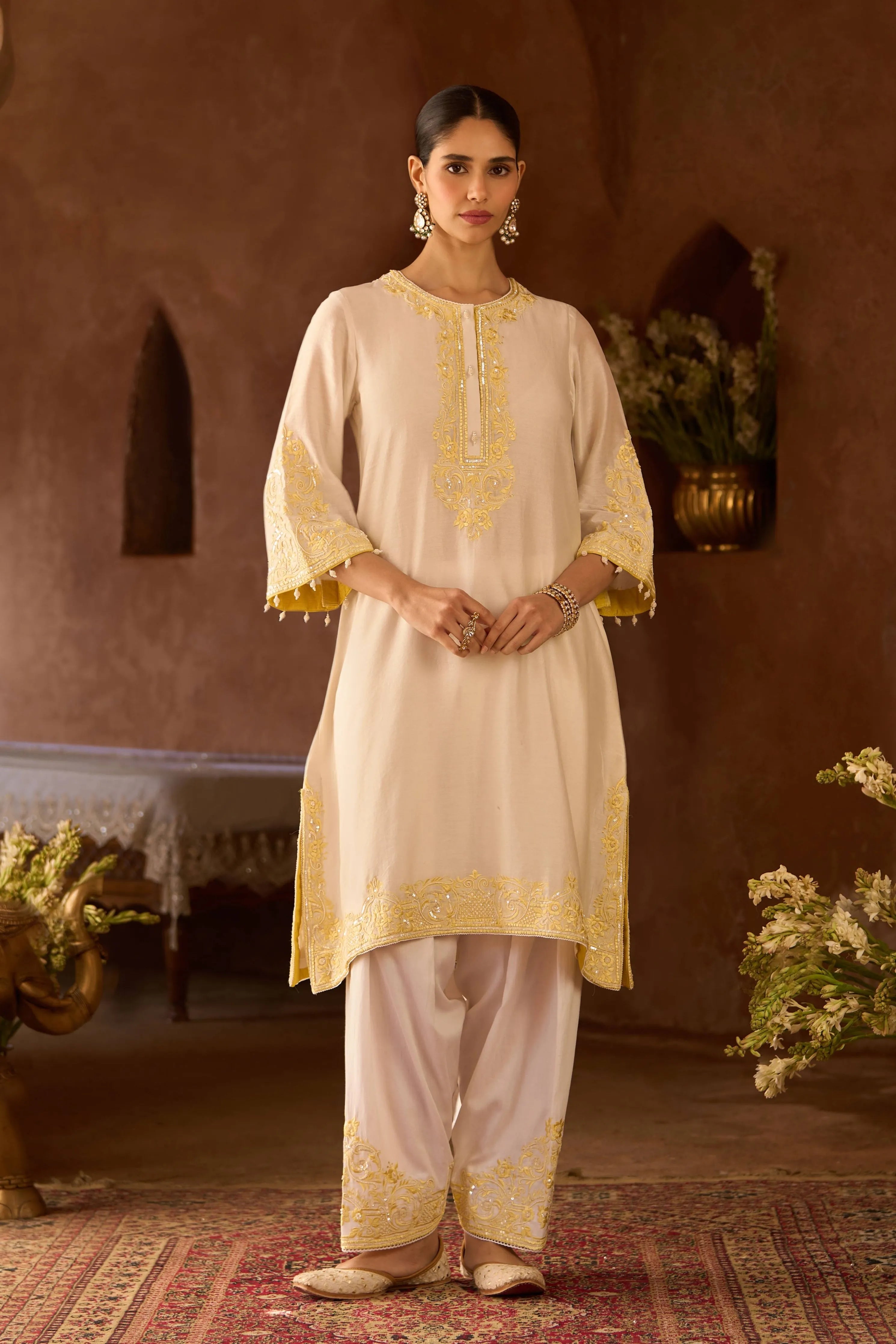 Hani Daisy Ivory & Lemon Yellow A Line Kurta Set