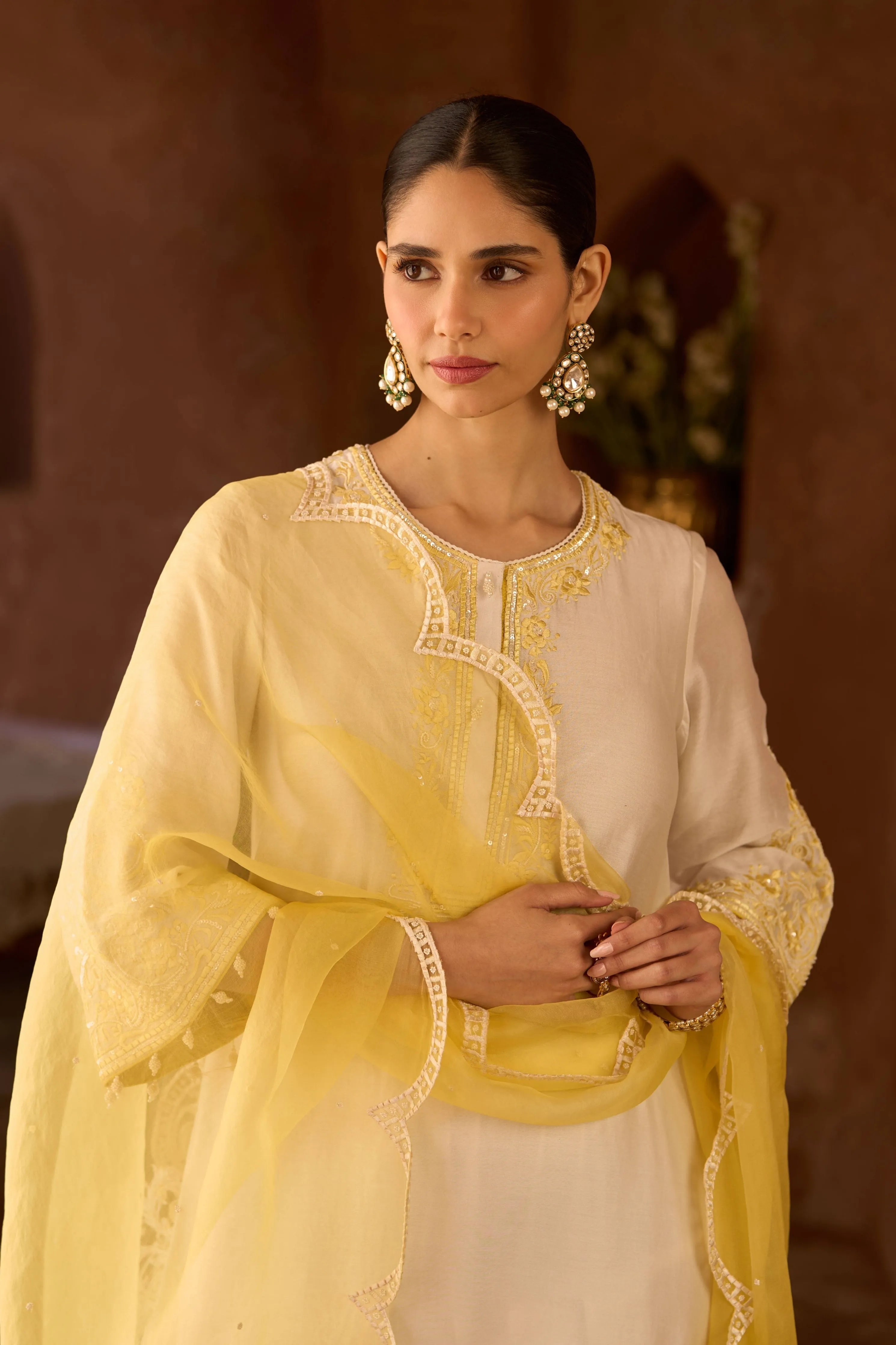 Hani Daisy Ivory & Lemon Yellow A Line Kurta Set