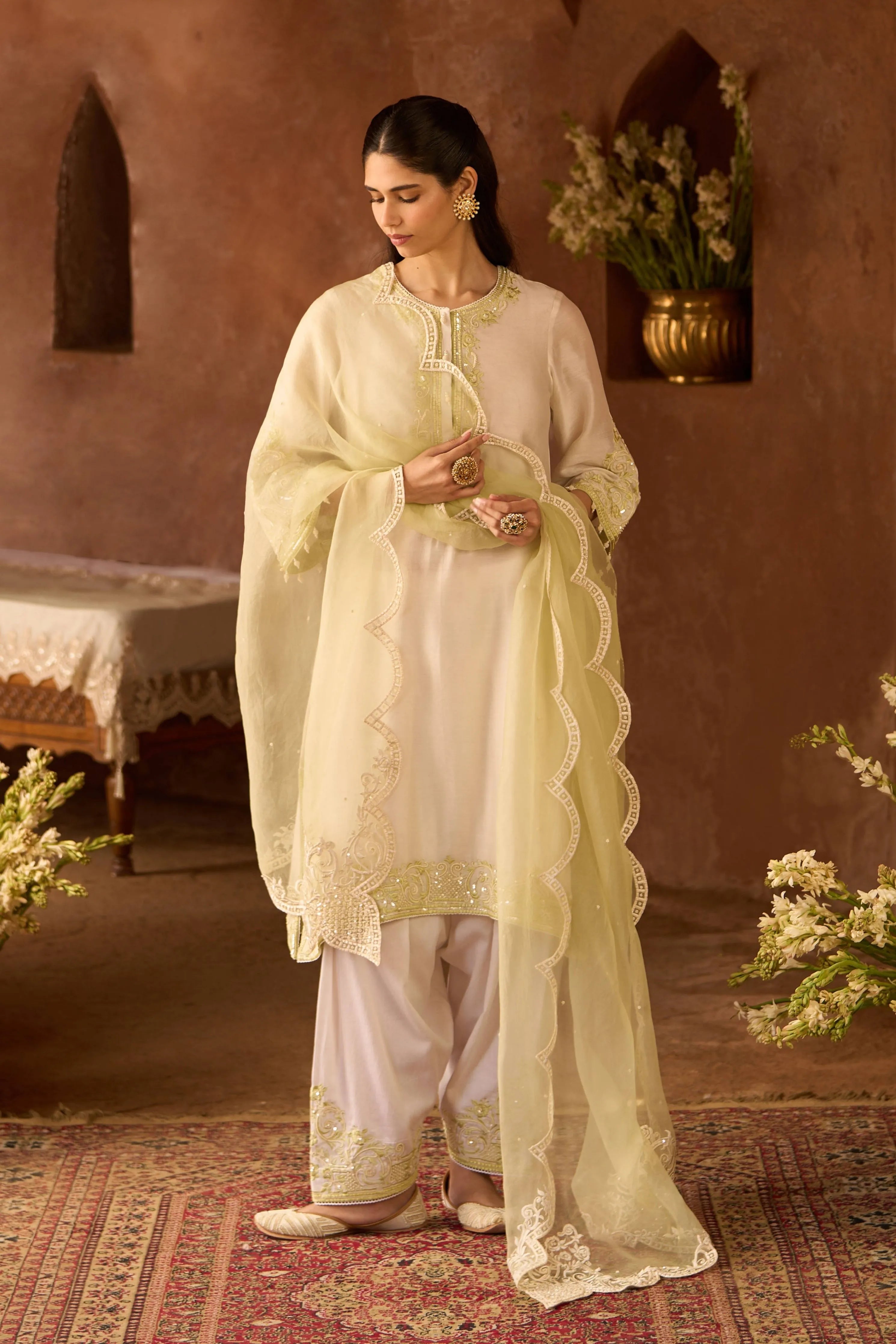 Hani Daisy Ivory & Mint Green A Line Kurta Set