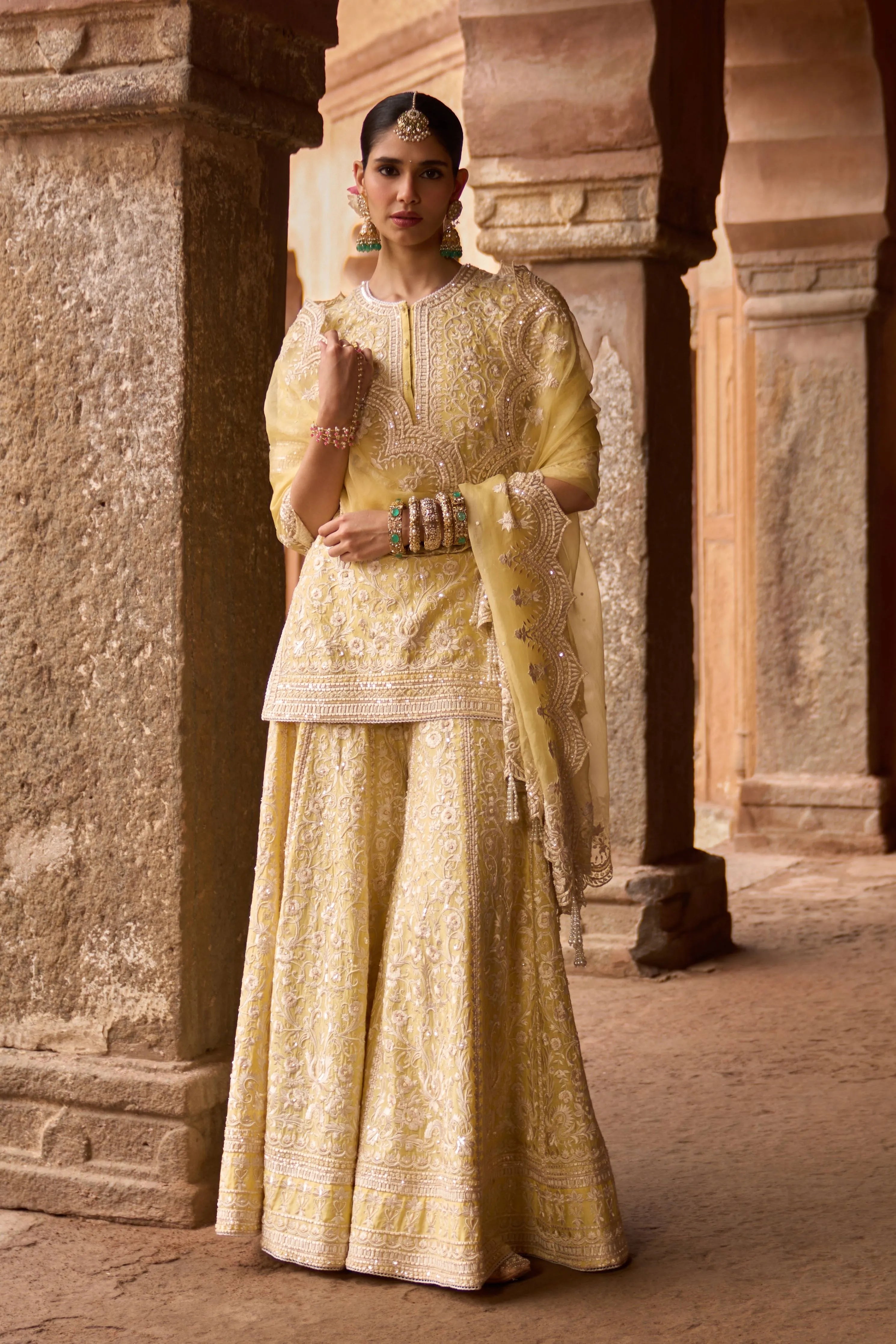 Heer Lemon Yellow Short Sharara Set