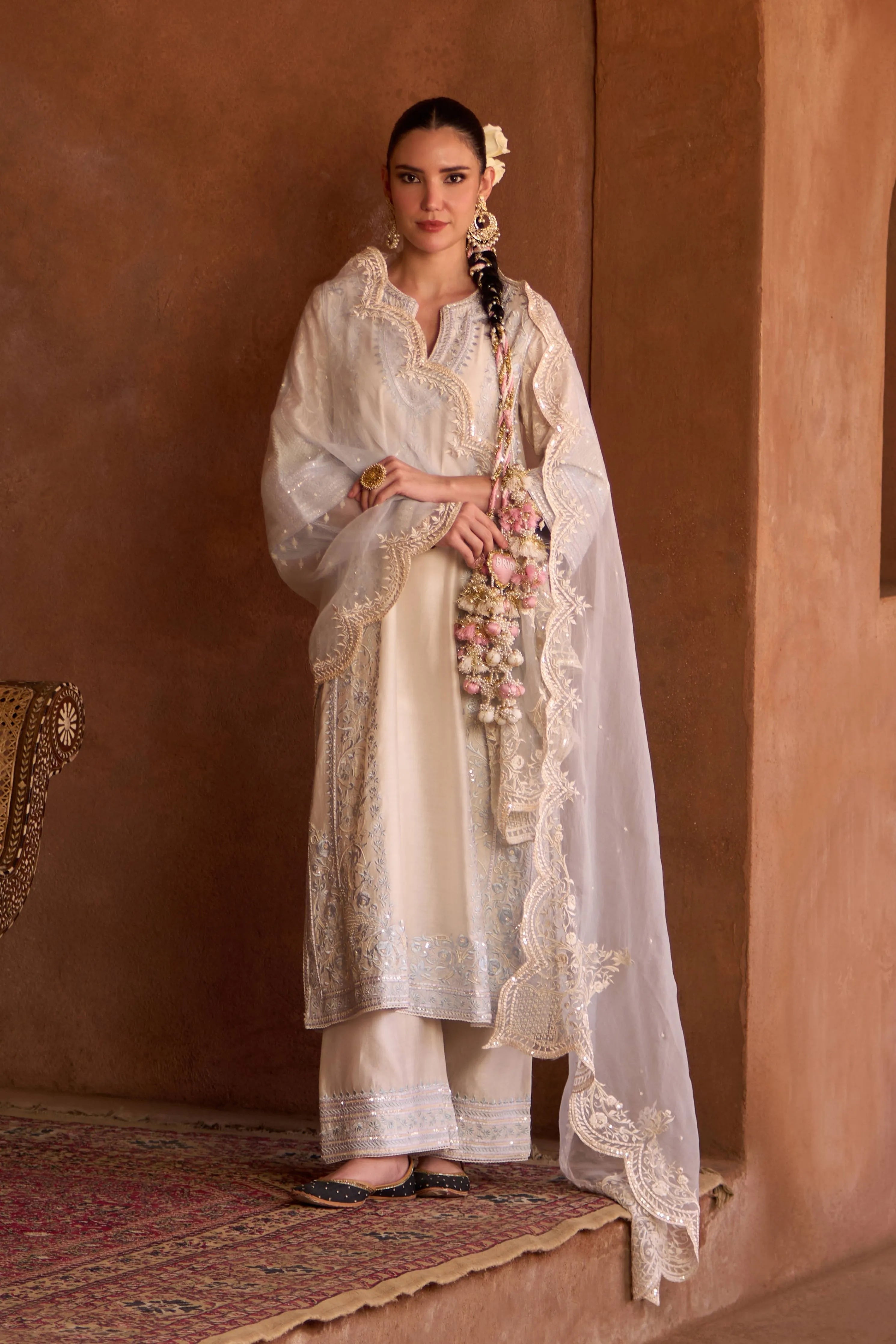 Nurvi Daisy Ivory & Blue Long ALine Kurta Set