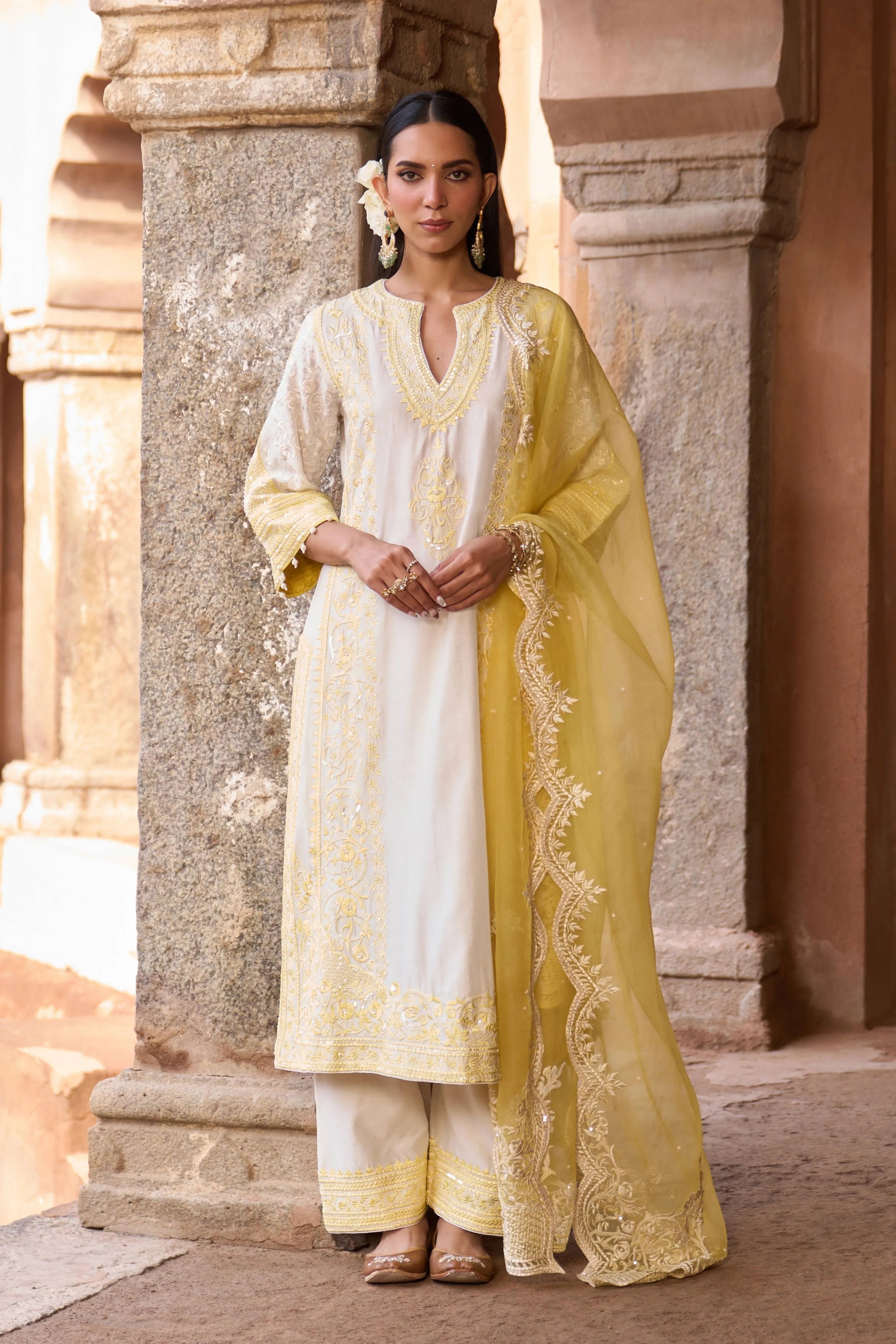 Nurvi Daisy Ivory & Lemon Yellow Long ALine Kurta Set