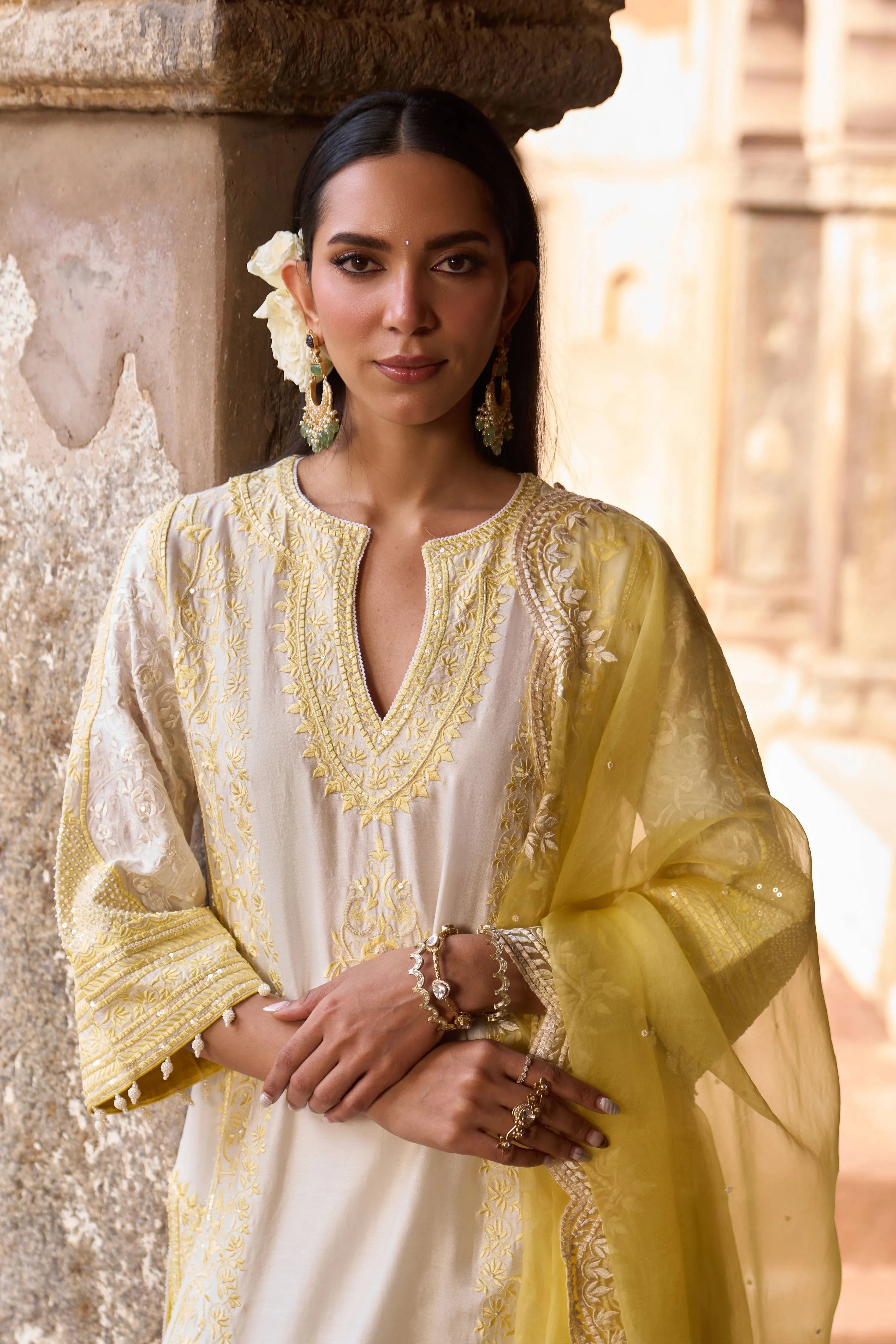 Nurvi Daisy Ivory & Lemon Yellow Long ALine Kurta Set