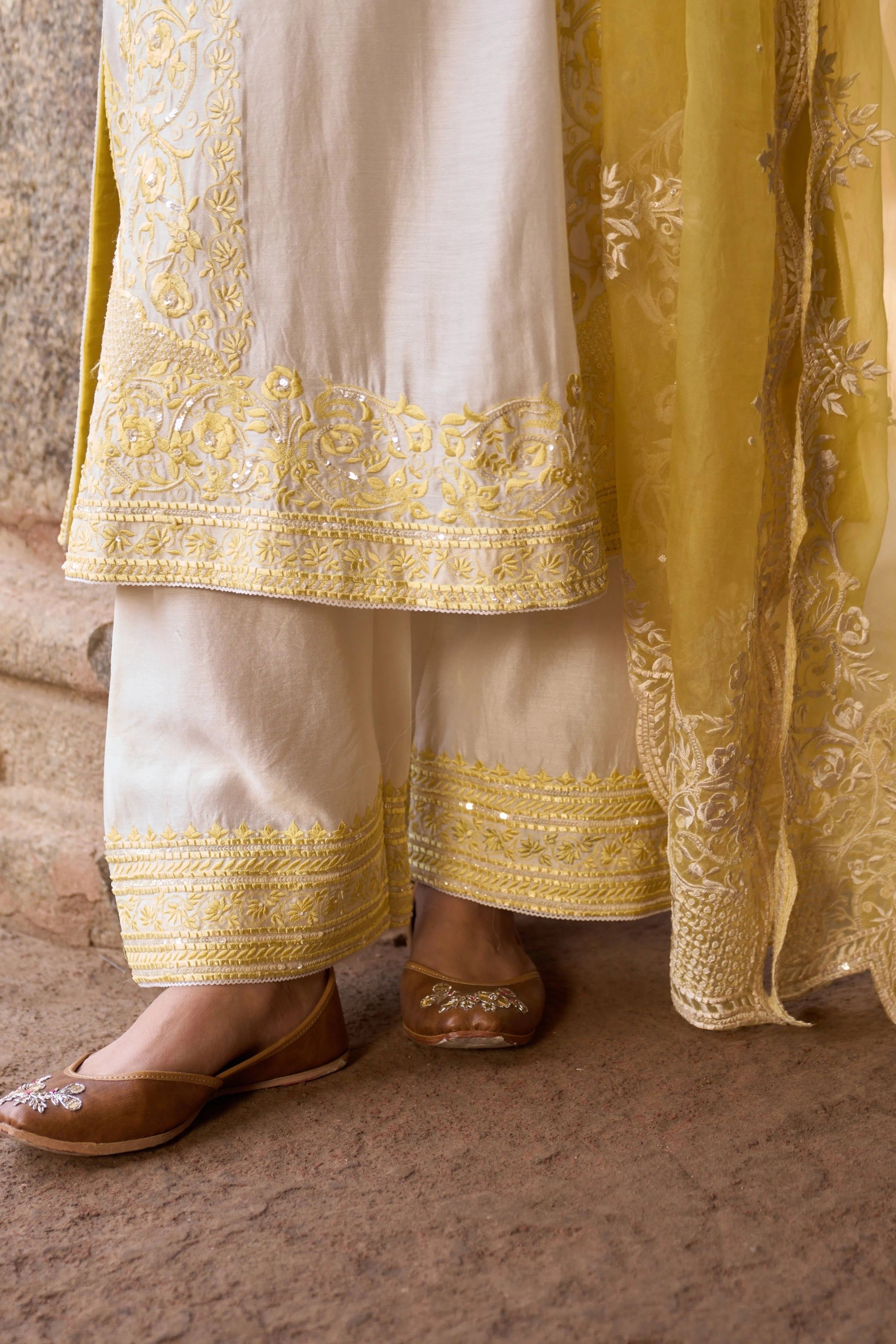 Nurvi Daisy Ivory & Lemon Yellow Long ALine Kurta Set