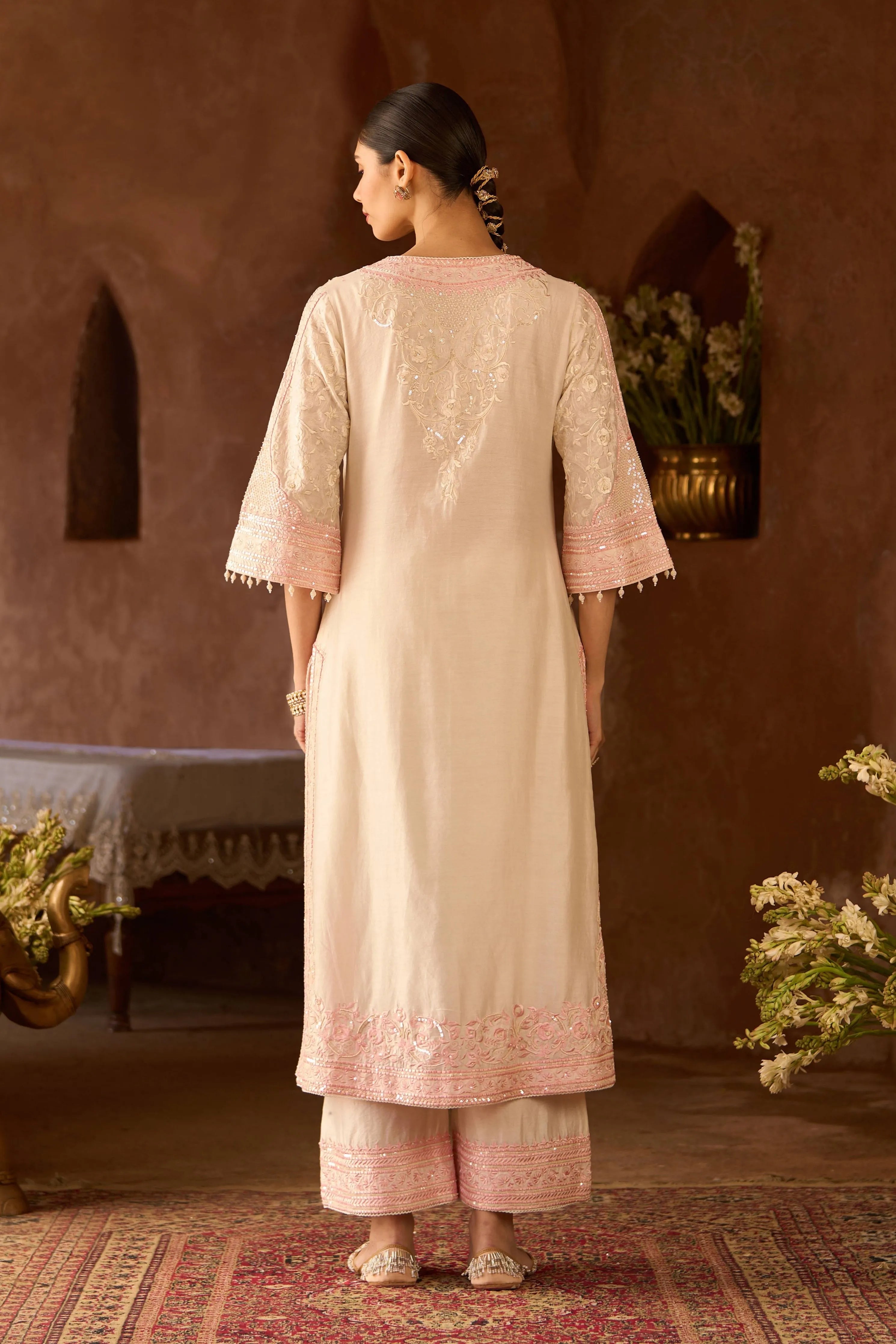 Nurvi Daisy Ivory & Pink Long ALine Kurta Set