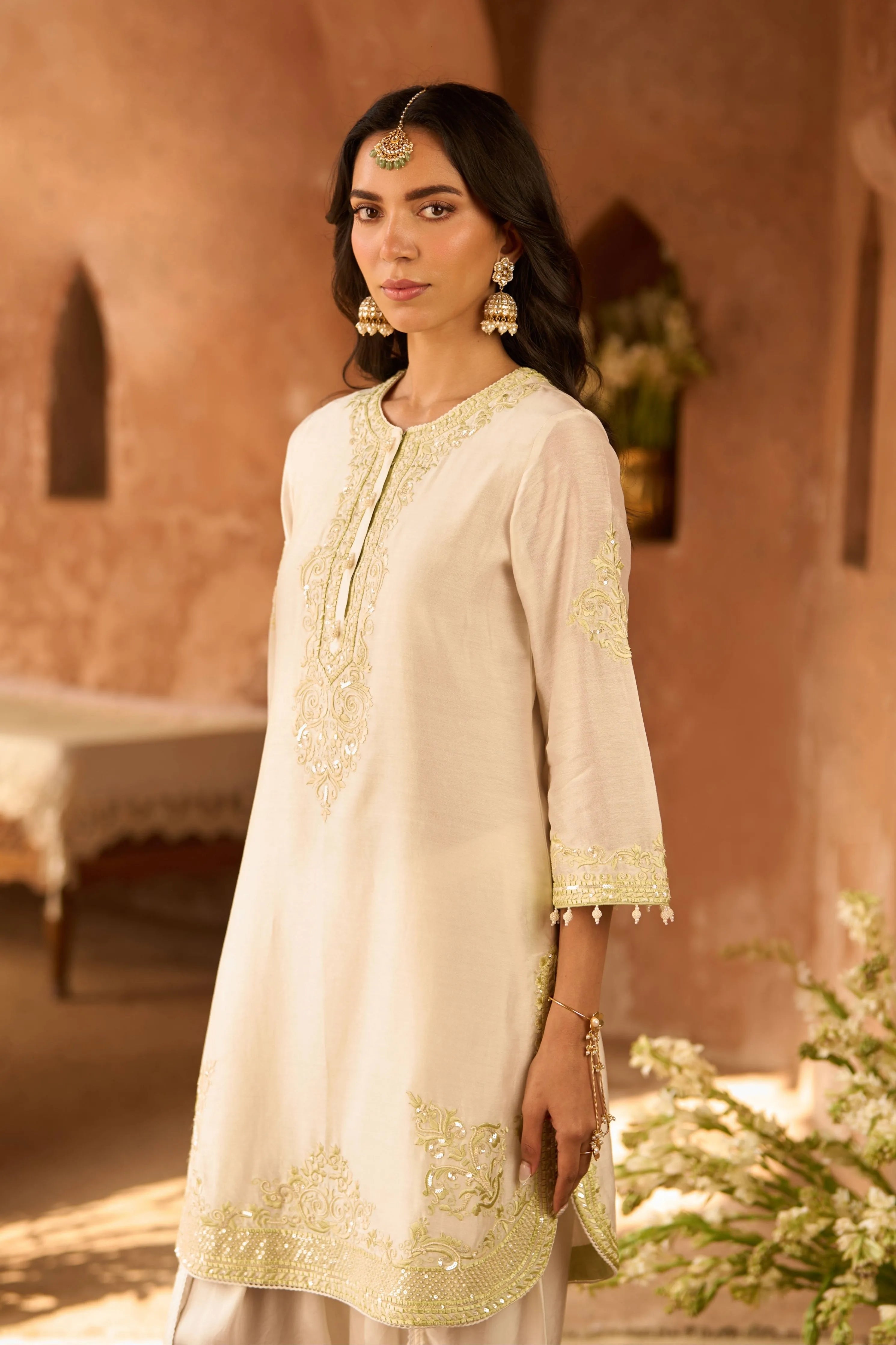 Nyra  Daisy Ivory & Mint Green Short Kurta Set
