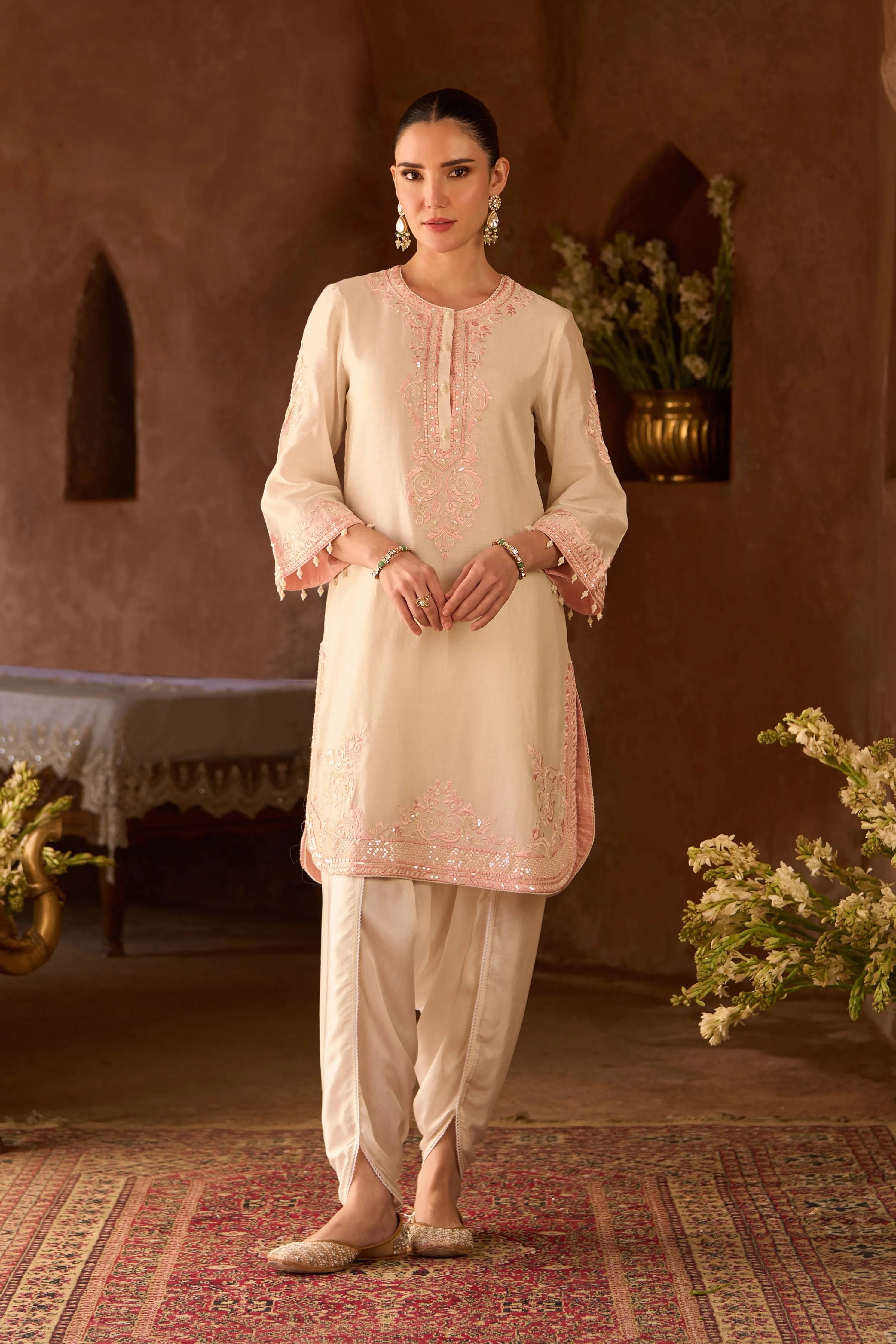 Nyra  Daisy Ivory & Pink Short Kurta Set