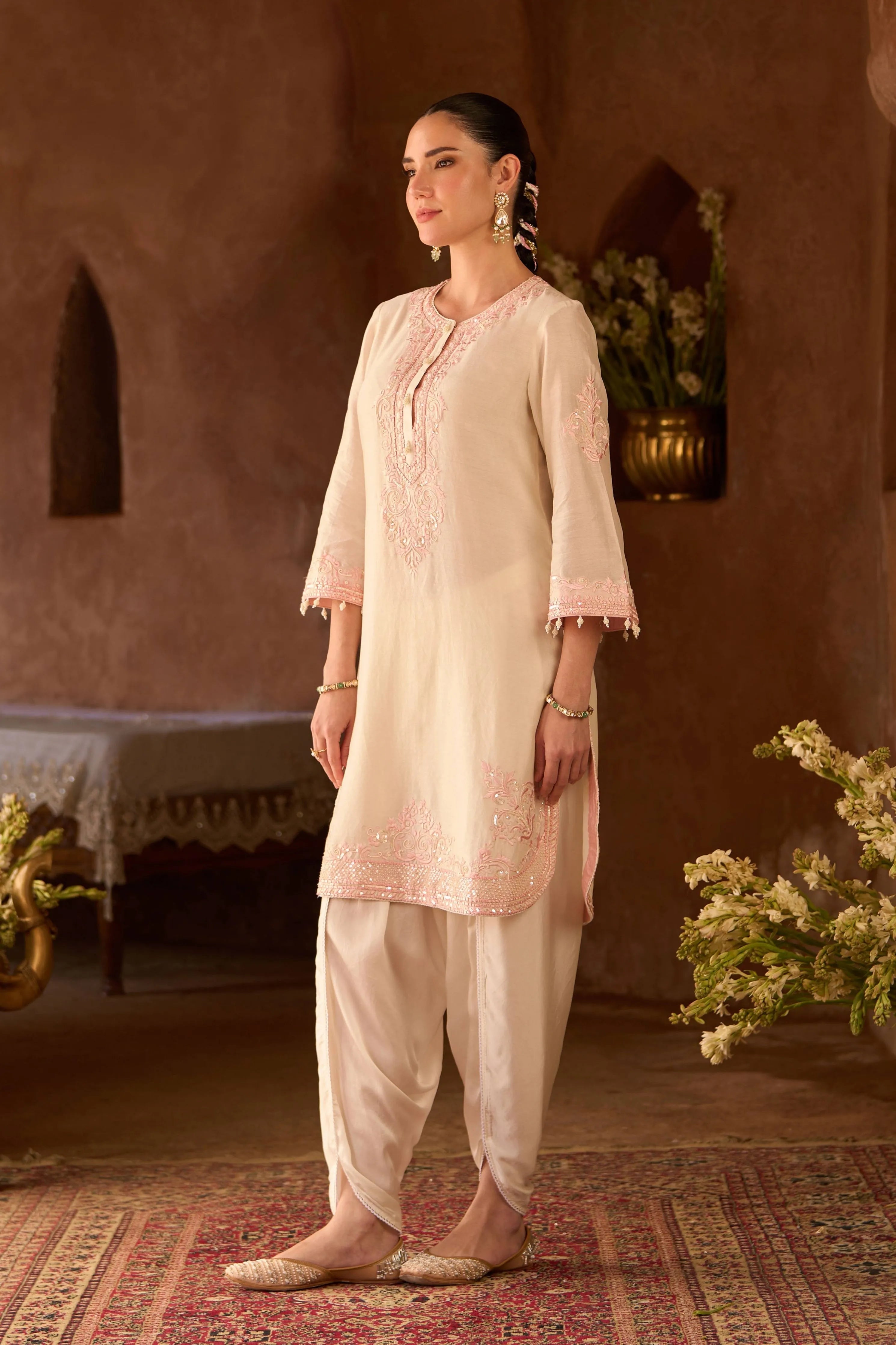Nyra  Daisy Ivory & Pink Short Kurta Set