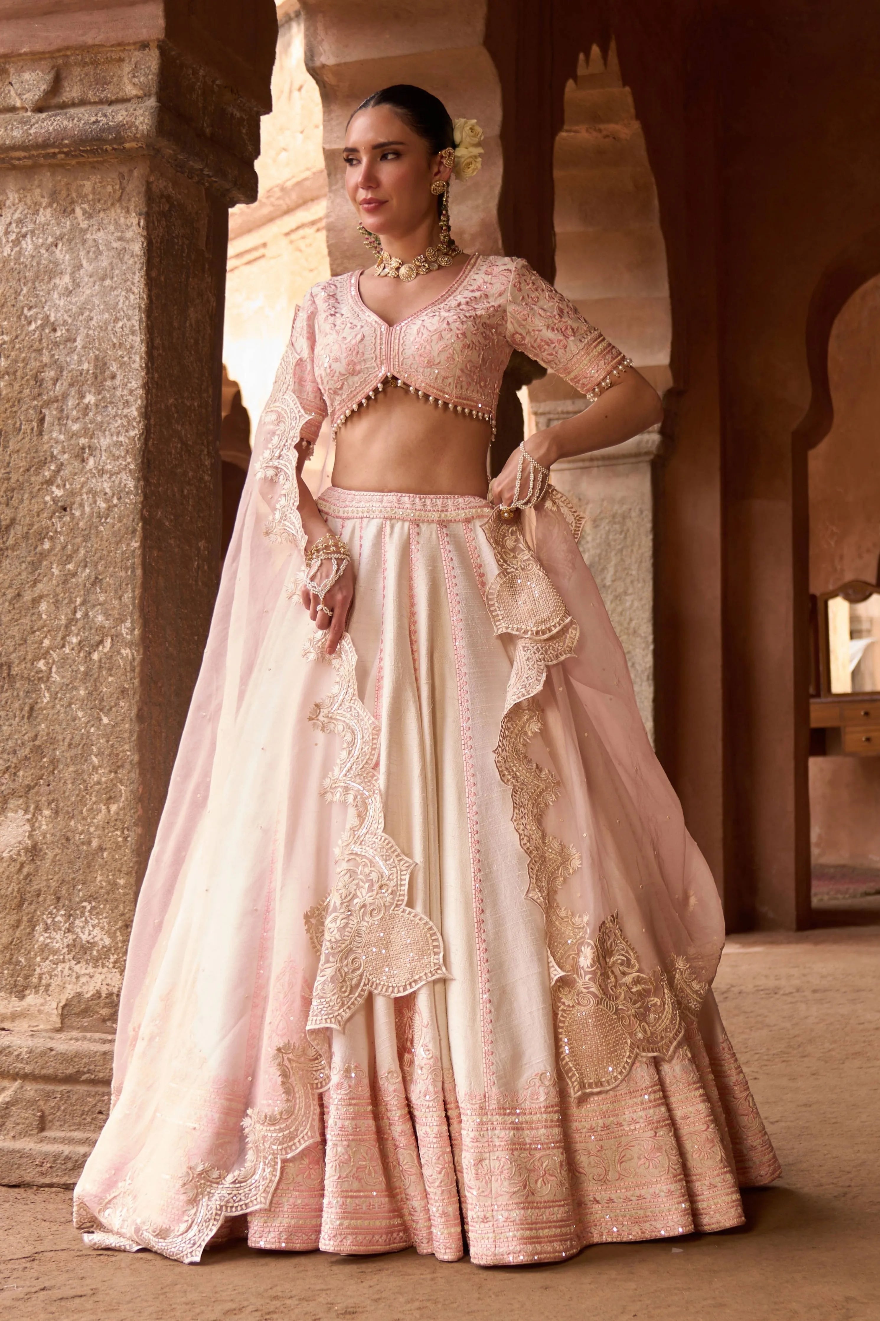 Sayeeda  Daisy Ivory & Pink Embroidered Lehenga Set