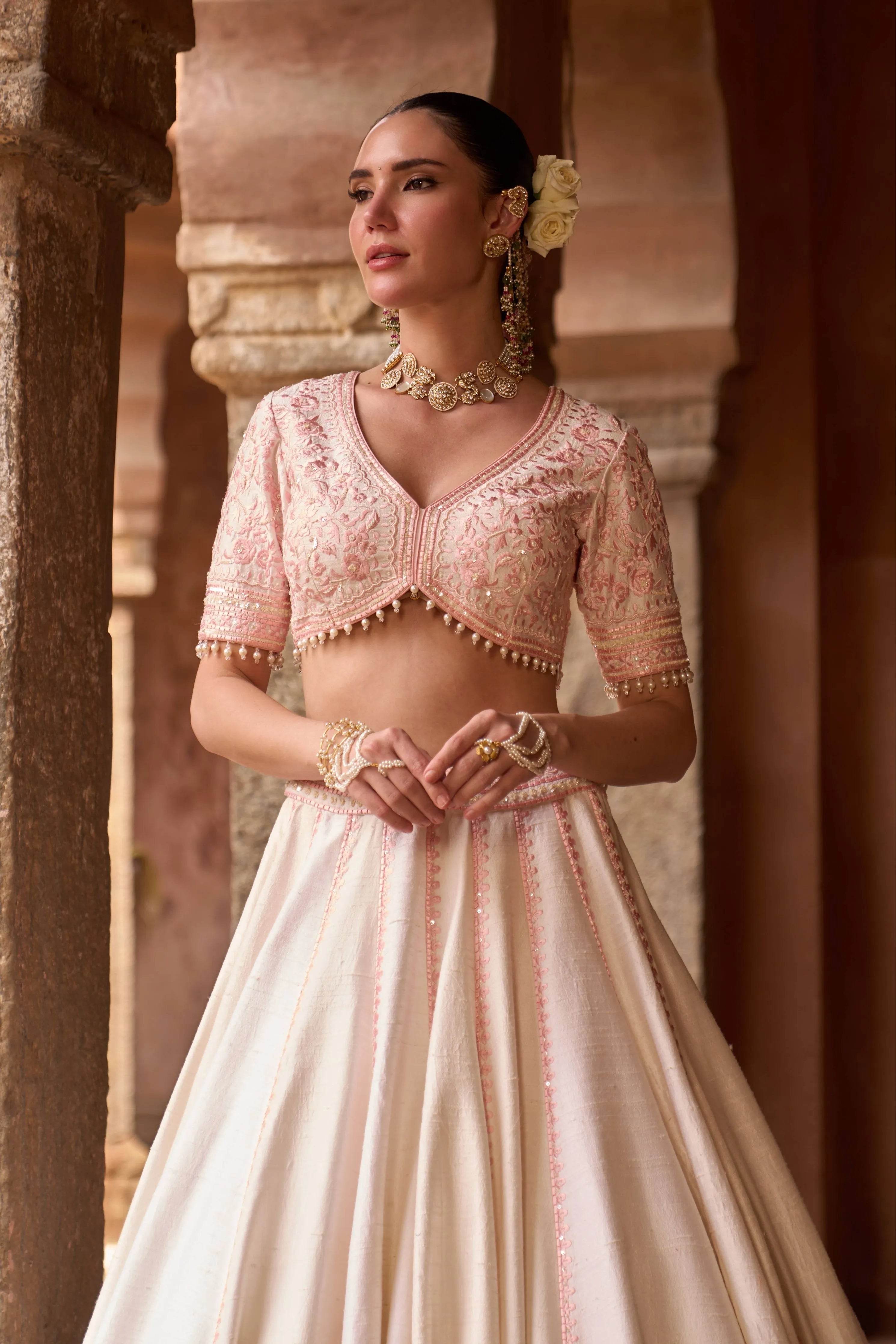 Sayeeda  Daisy Ivory & Pink Embroidered Lehenga Set