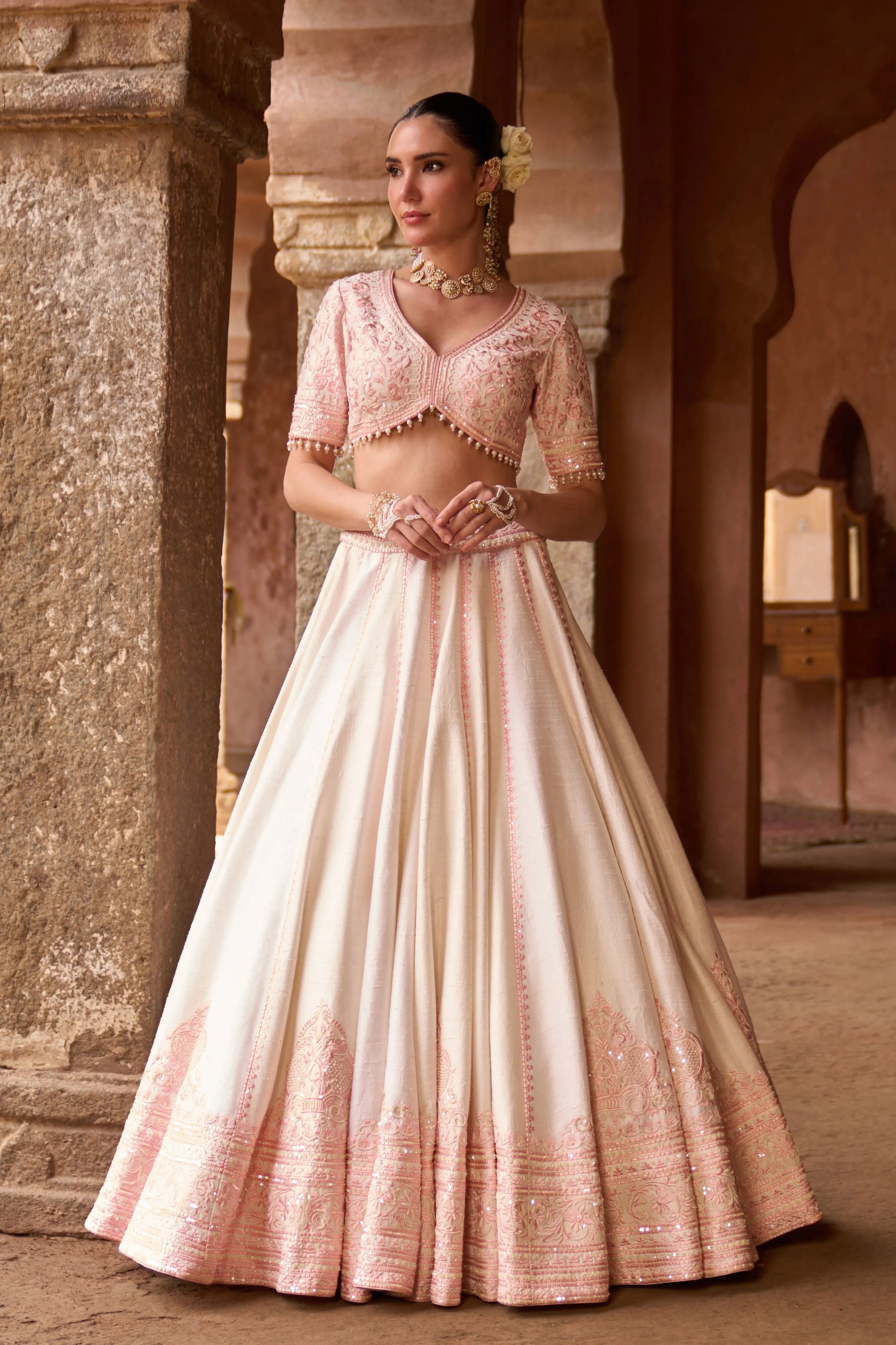 Sayeeda  Daisy Ivory & Pink Embroidered Lehenga Set