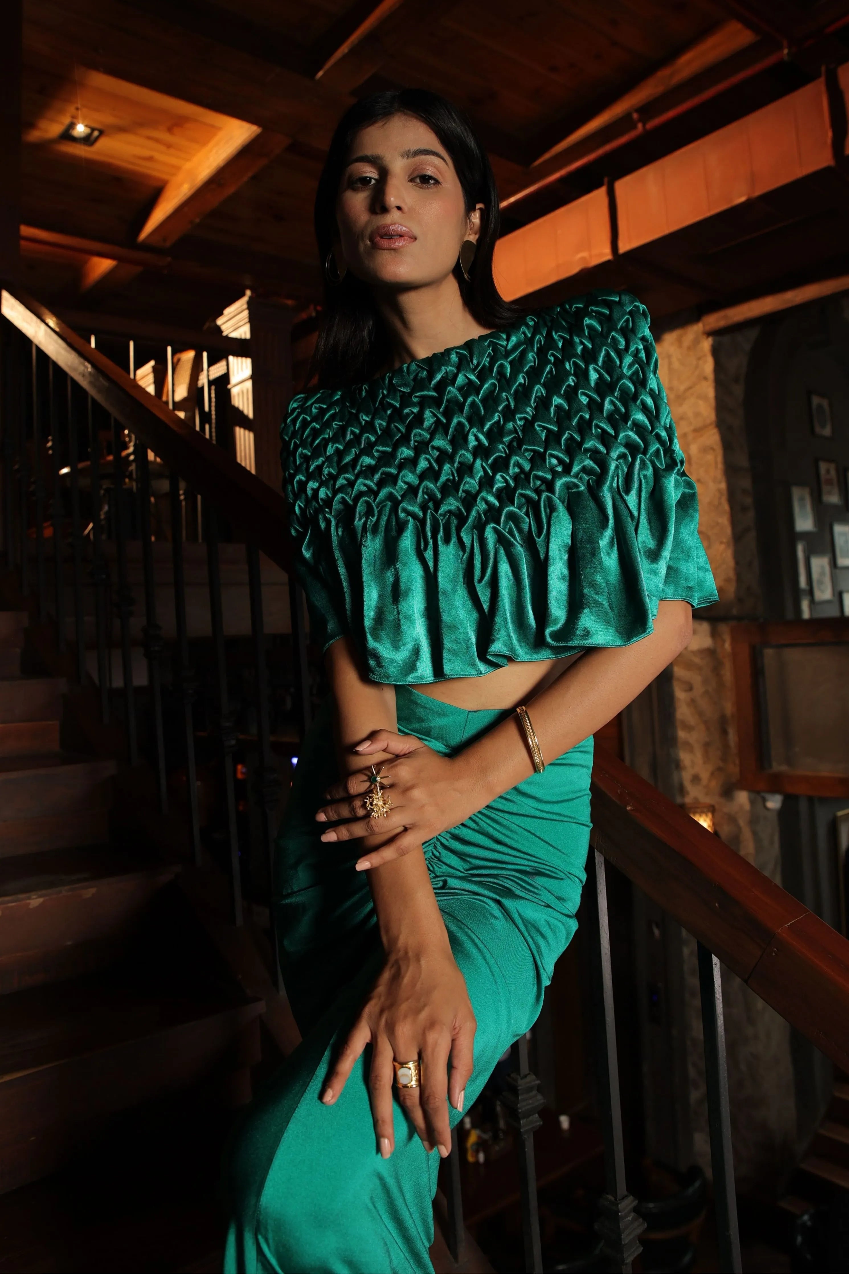 Dahlia Smocked Montone cape with ruched skirt