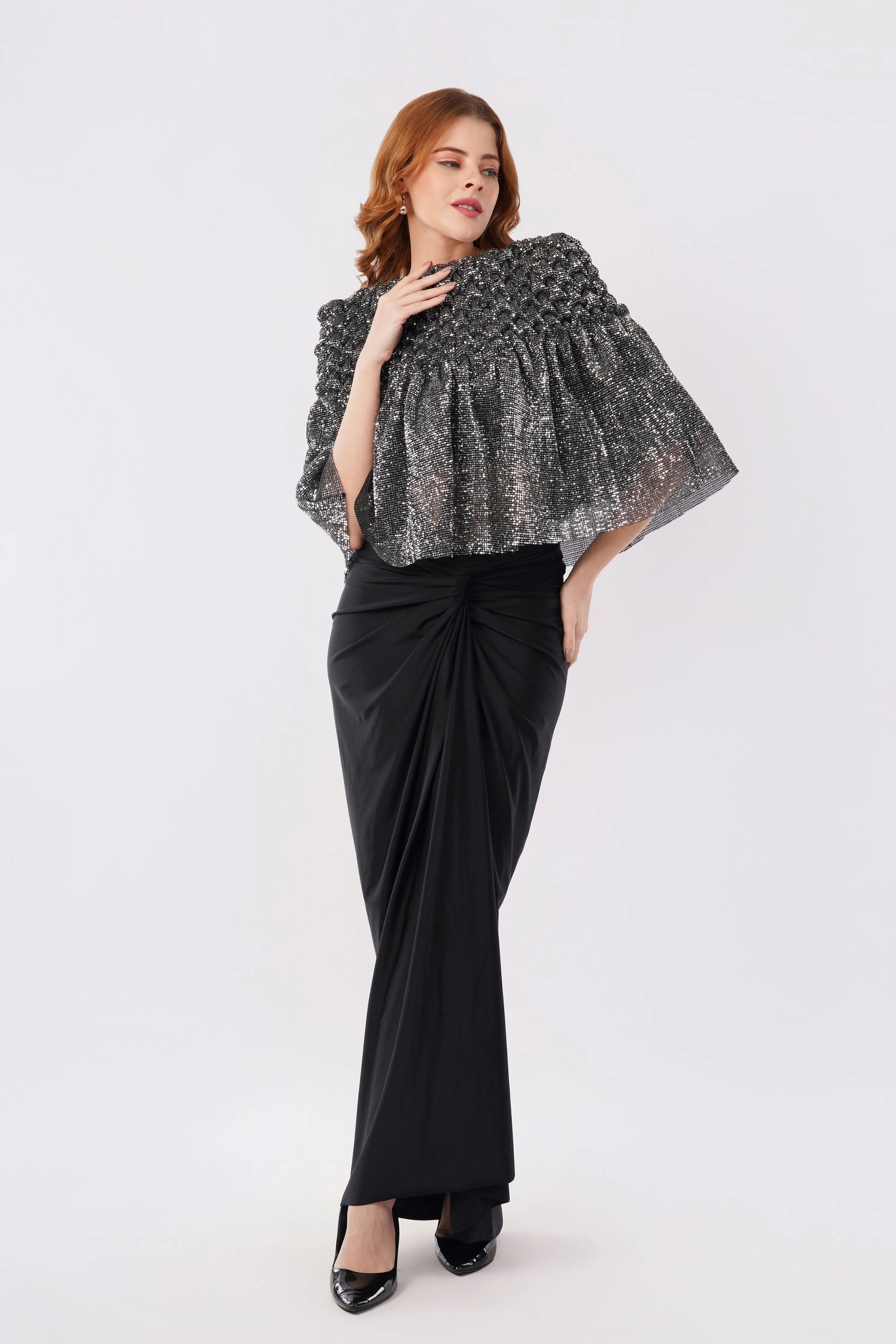 Juliette Shimmer smocked cape with skirt