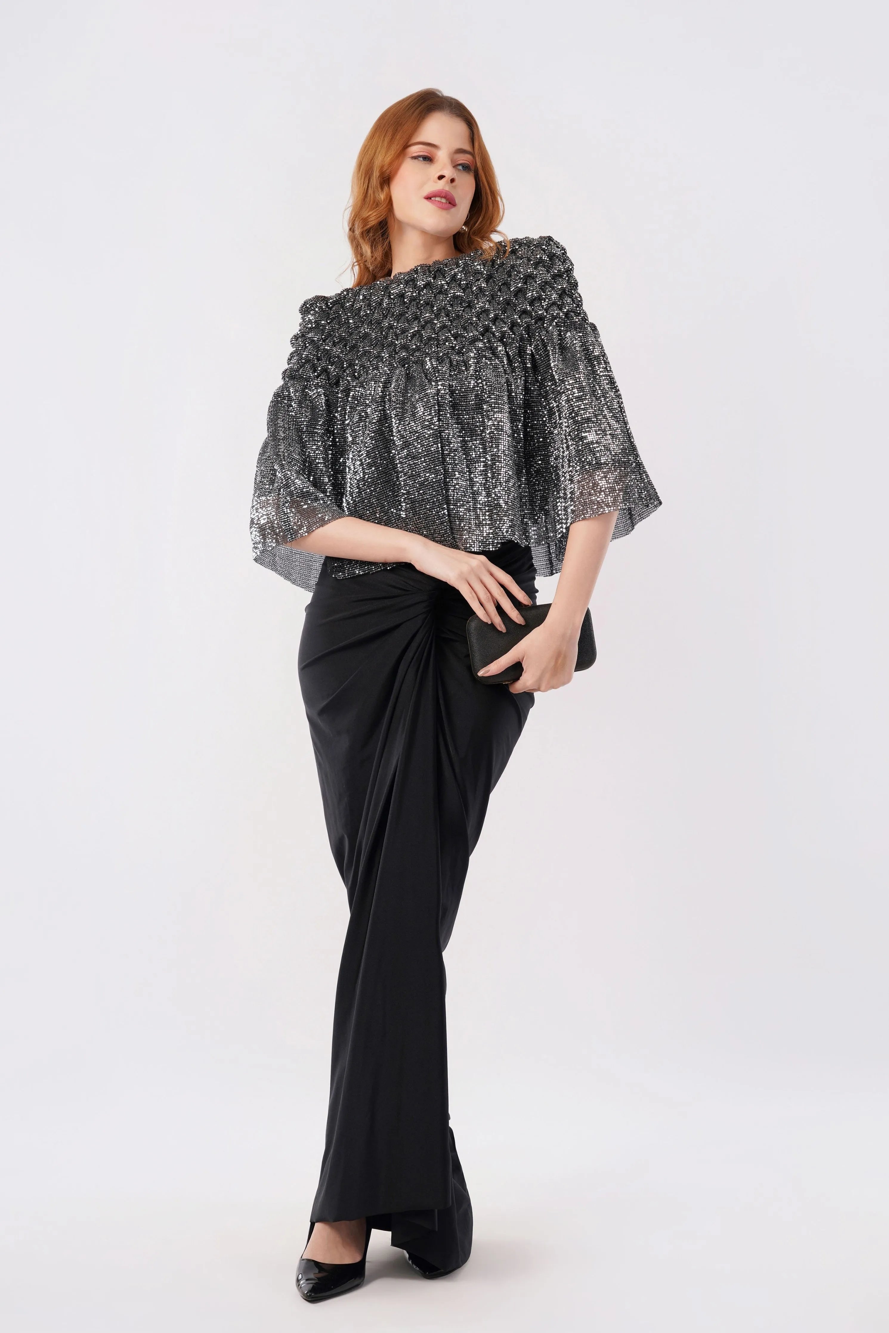 Juliette Shimmer smocked cape with skirt