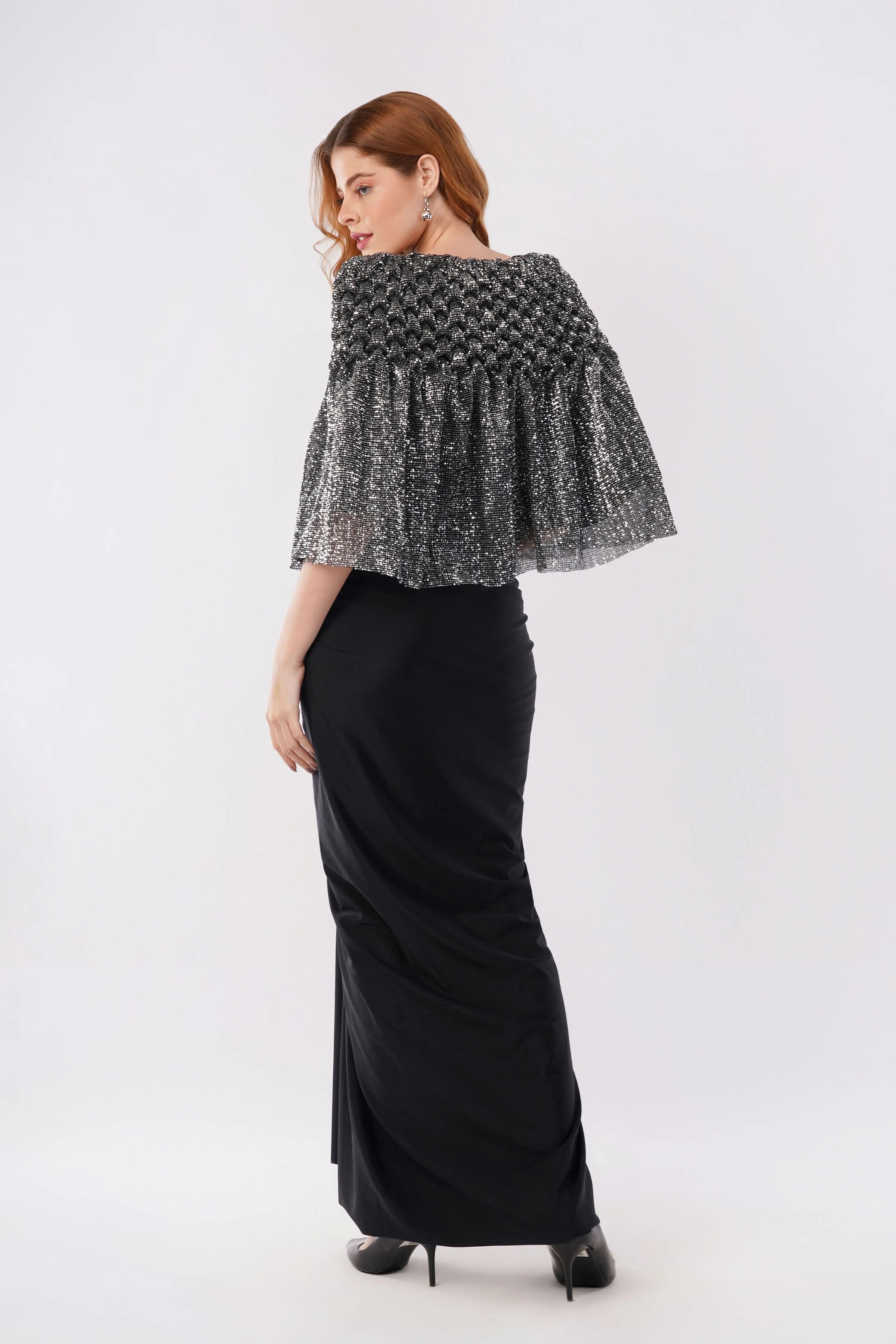 Juliette Shimmer smocked cape with skirt